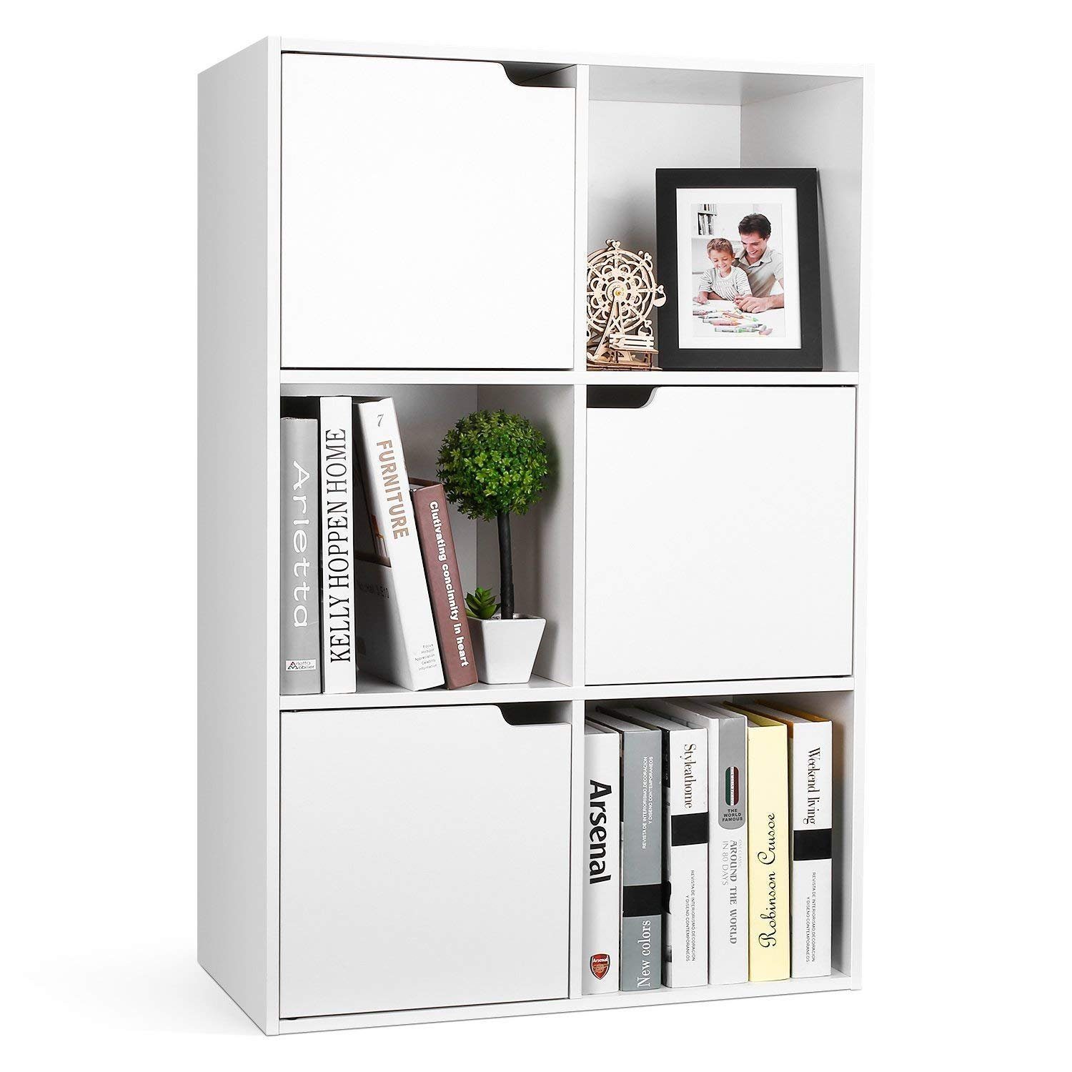Homfa Bücherregal mit 3 Türen, Standregal, Regal Weiß aus Holz 60x29x90 cm