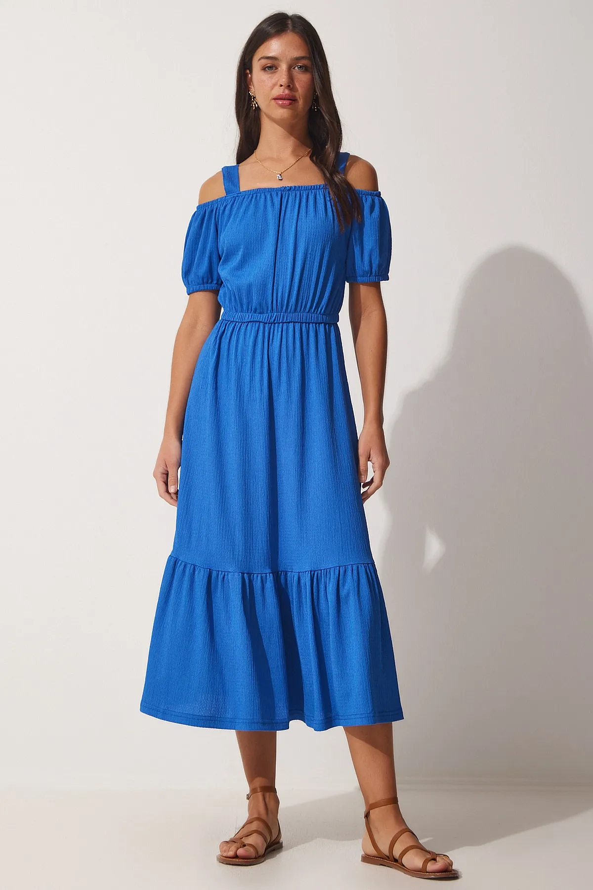 Happiness İstanbul  Dunkelblaues trägerloses Sommer-Strickkleid für Damen AP00182