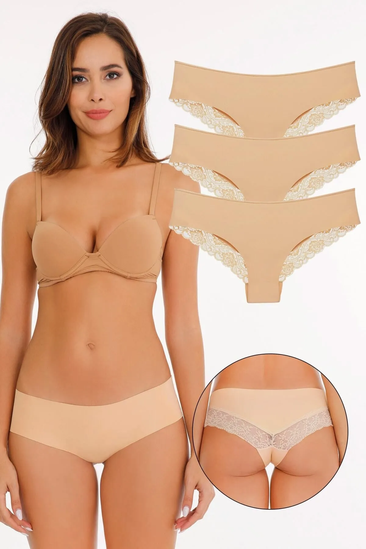 Sensu  Damen - Laser Cut Lace Höschen 3er-Pack Tan - Kts2112