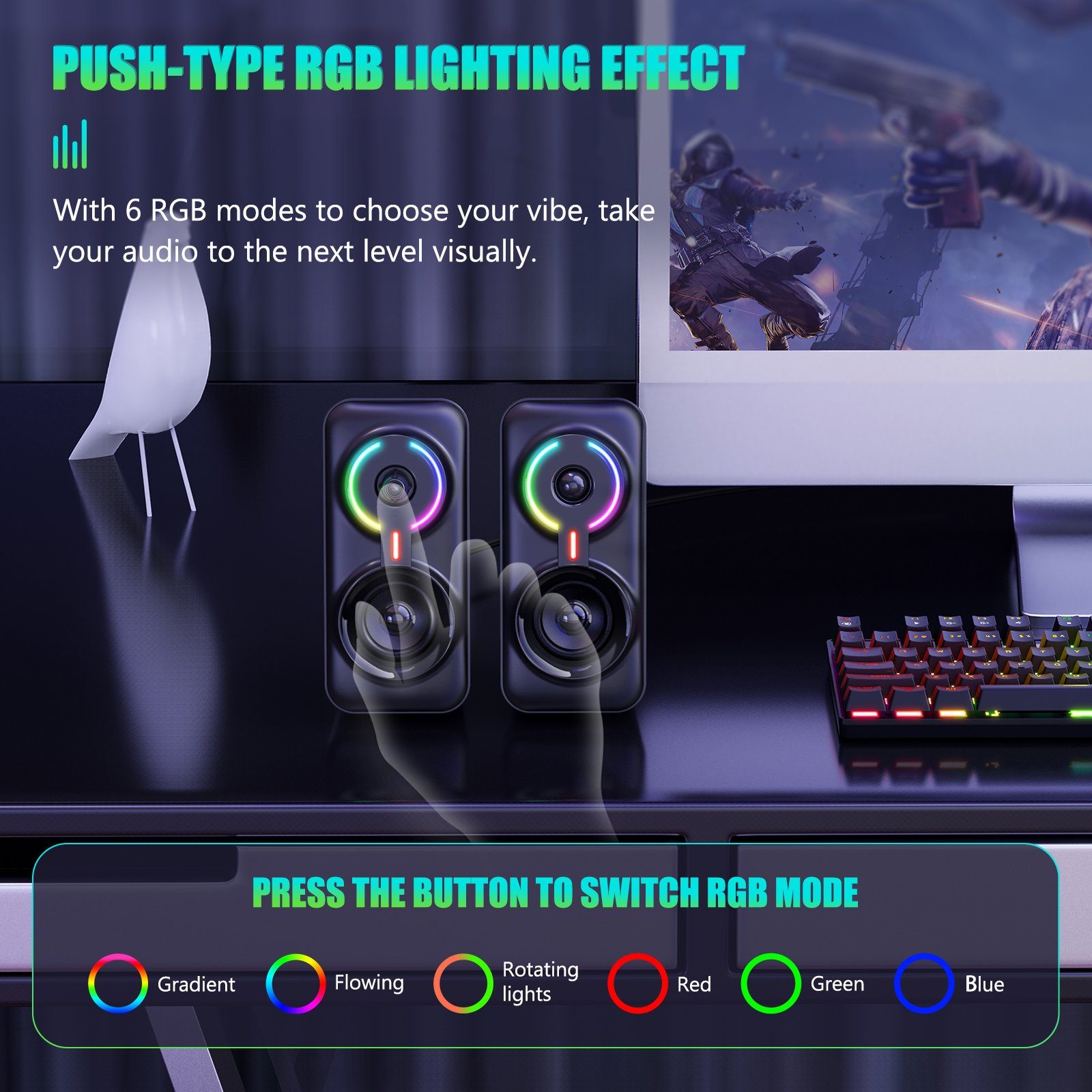 7Magic 2.0 PC-Lautsprecher (Bluetooth, 3,5 mm AUX Klinke, 10 W, Boxen mit USB-Stromversorgung, RGB LED Licht Speaker Set)