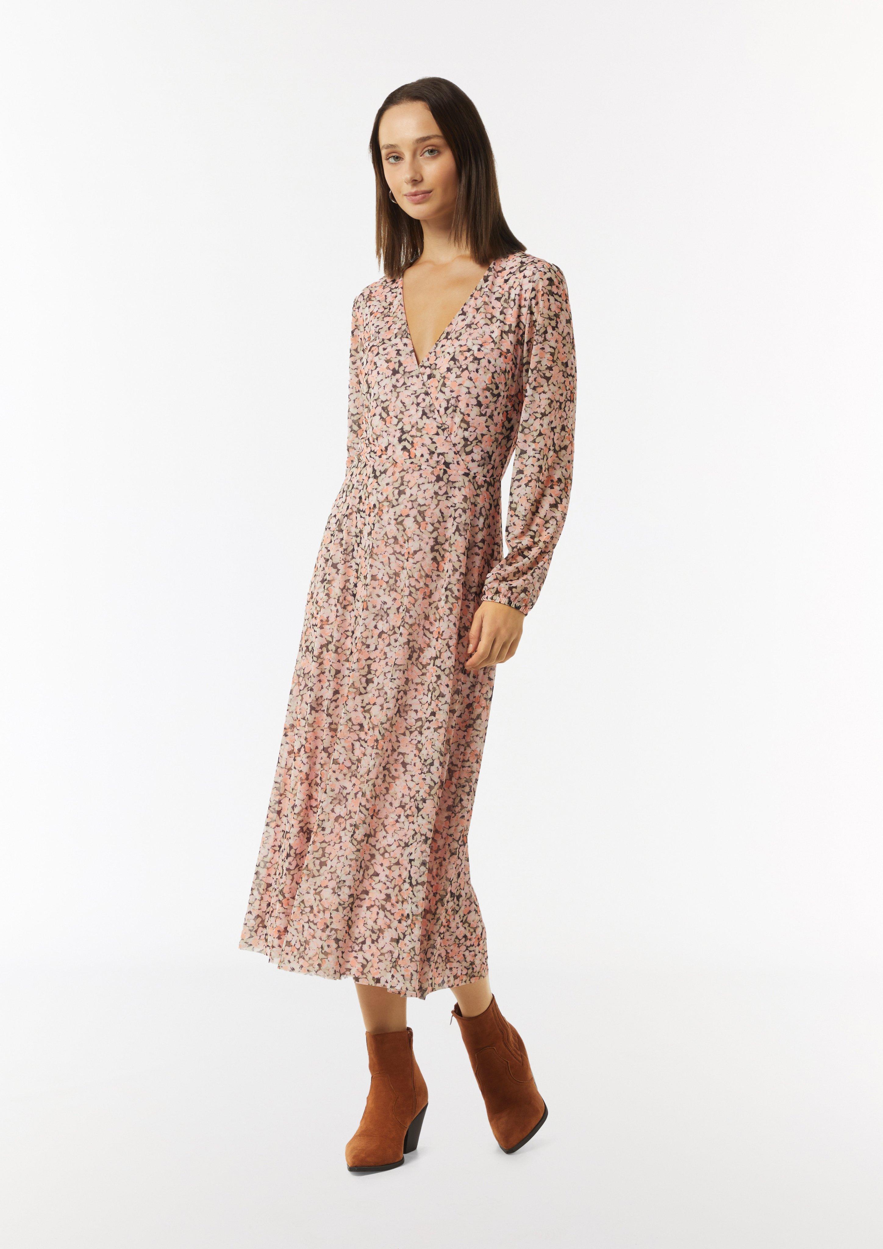 Midi-Wickelkleid mit All-over-Print aus Mesh - pfirsich
