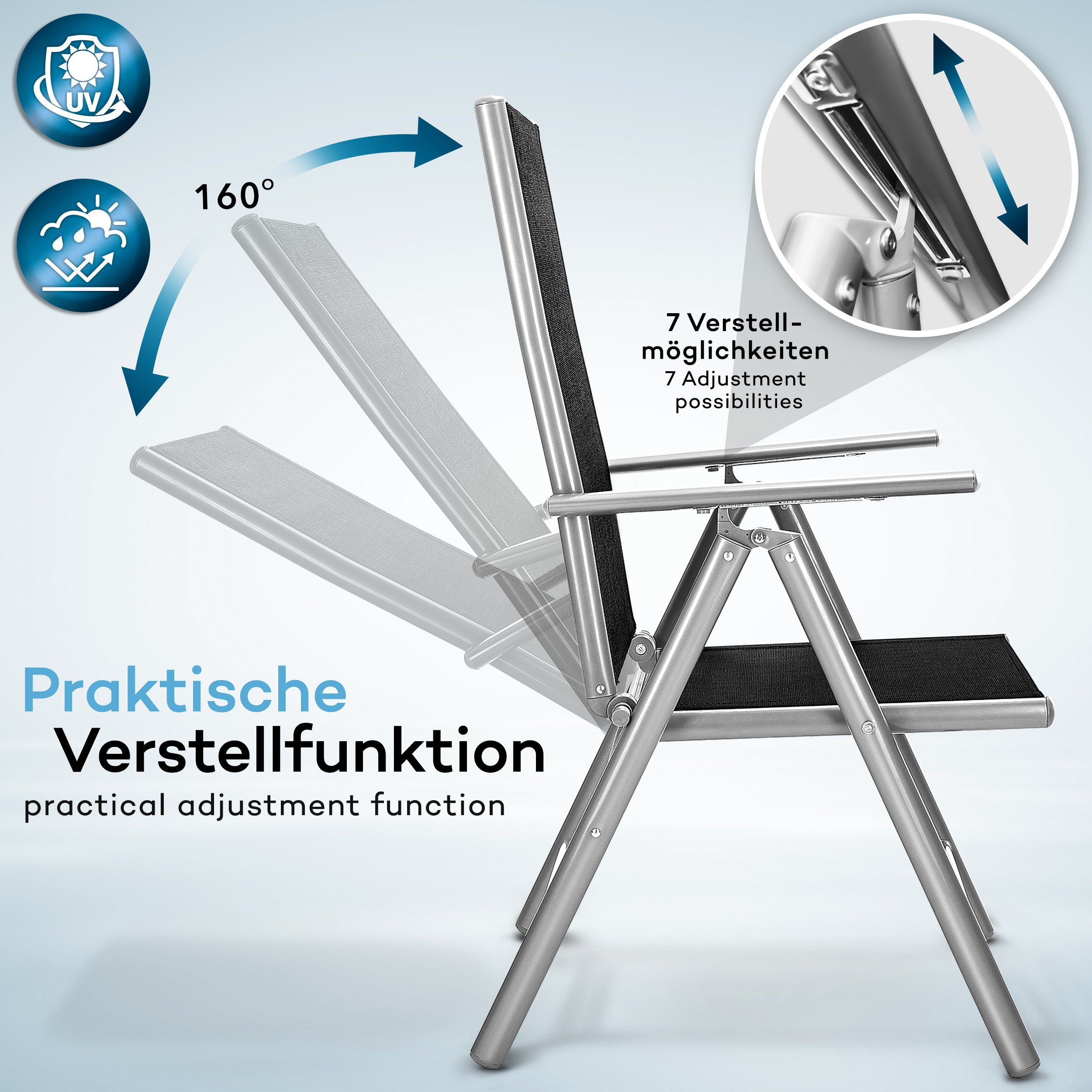 tillvex Gartenstuhl Hochlehner klappbar aus Aluminium Gartenstühle Alu mit Armlehnen (Klappstuhl verstellbar & wetterfest), Lehne 7-Fach verstellbar Balkon Garten Terrasse