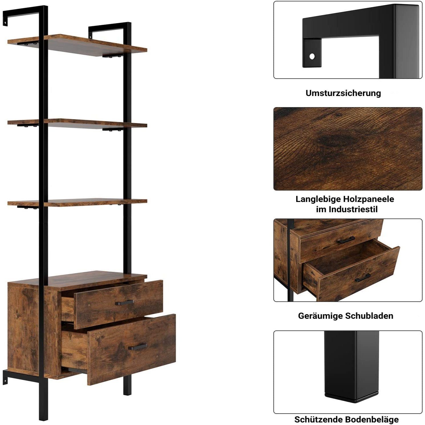 Homfa Leiterregal, Bücherregal 2 Schublade Standregal 3 Ablagen schwarz 185cm