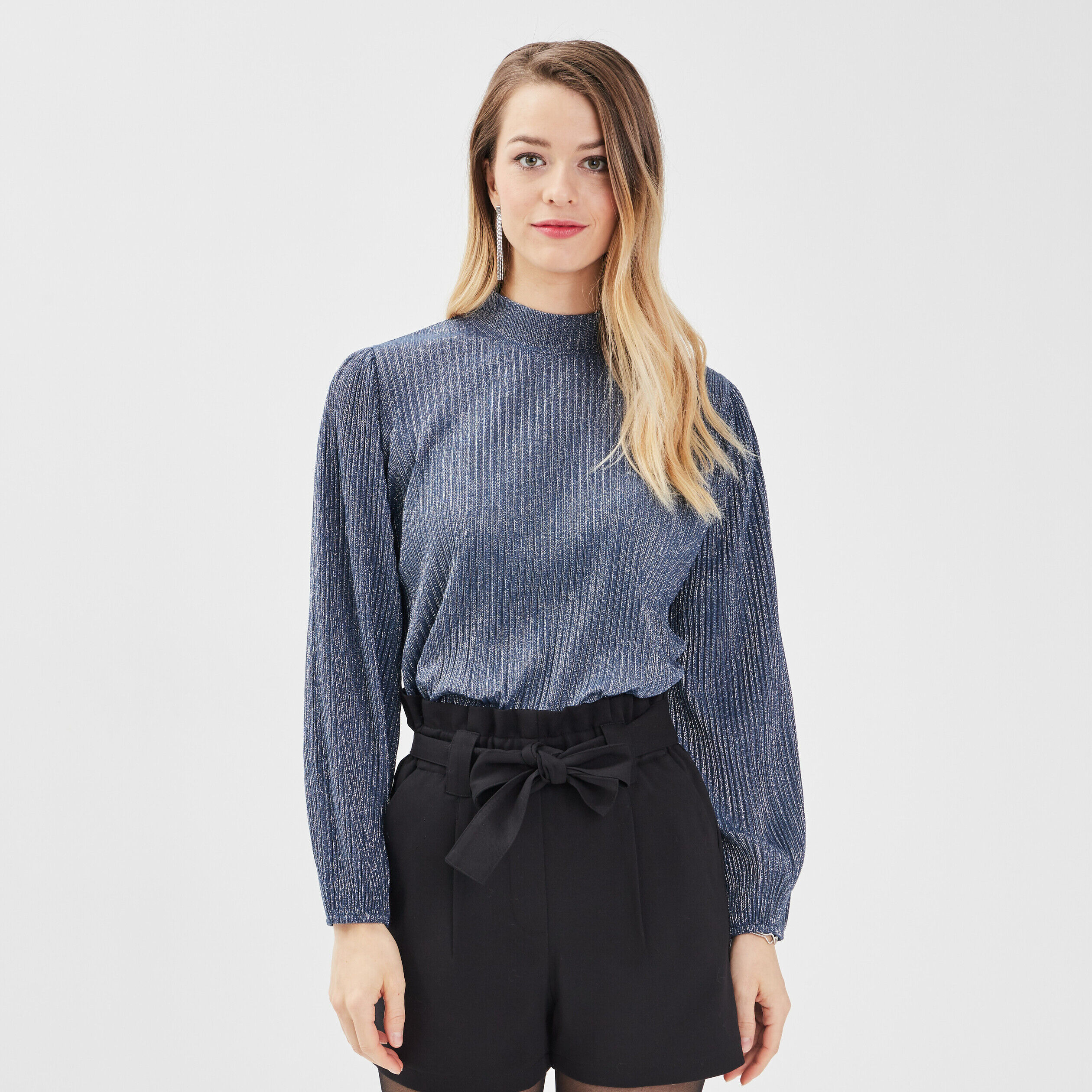 T-shirt manches longues plissé gris clair femme | Cache Cache