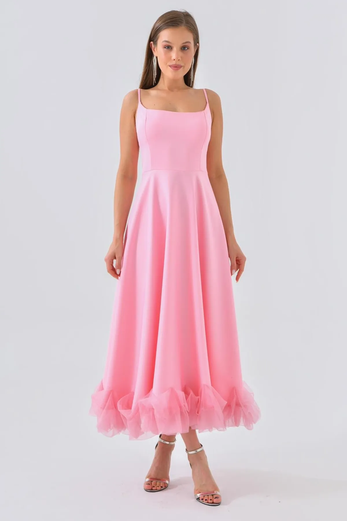 lovebox  Ausgestellter Rock aus Baumwollatlasgewebe mit dünnen Trägern und Tülldetail, mittellanges rosa Abendkleid 9326