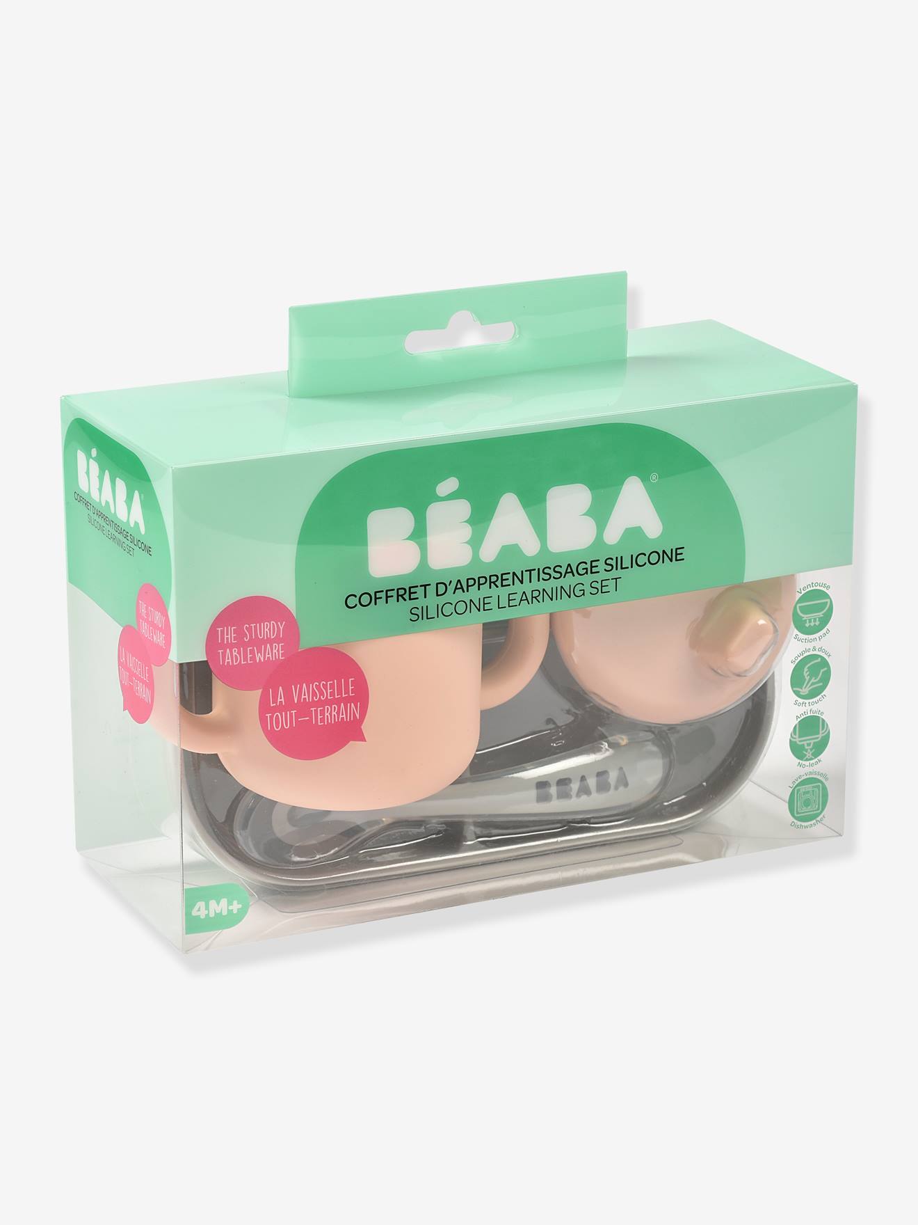 Coffret d’apprentissage 3 pièces BEABA en silicone rose