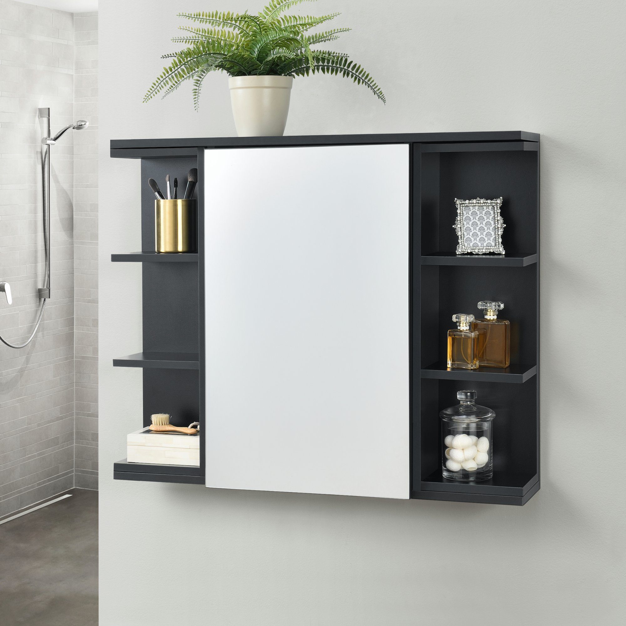 en.casa Badezimmerspiegelschrank Harstad Wandschrank mit verspiegelter Tür 64x80x20 cm Schwarz