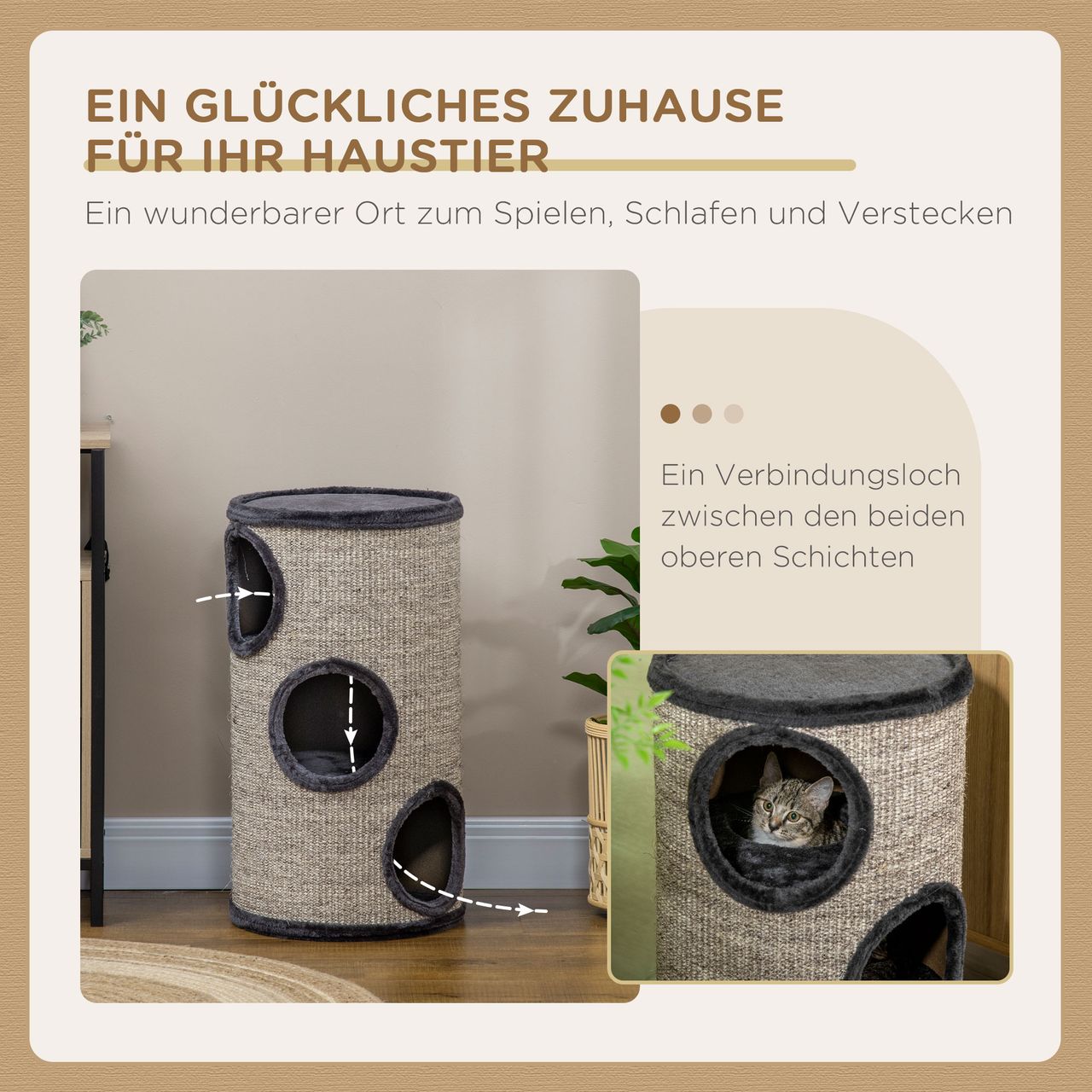 PawHut Kratztonne, Katzenkratzbaum mit 3 Höhlen, Spieltonne für Katzen, Grau