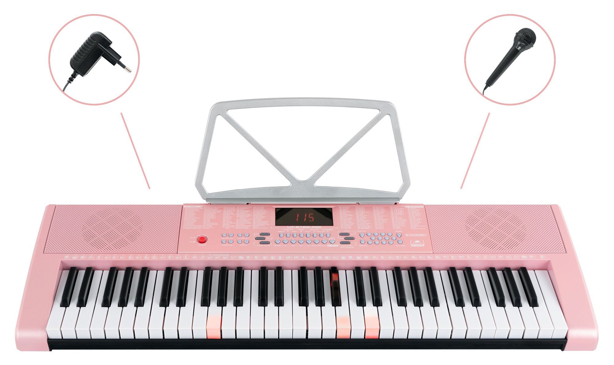 McGrey Home Keyboard LK-6120-MIC - Einsteiger-Keyboard mit 61 Leuchttasten, (Spar-Set, 3 tlg., Inkl. Mikrofon, Ständer und Notenhalter), 255 Sounds und Rhythmen - 50 Demo Songs mit Lernfunktionen
