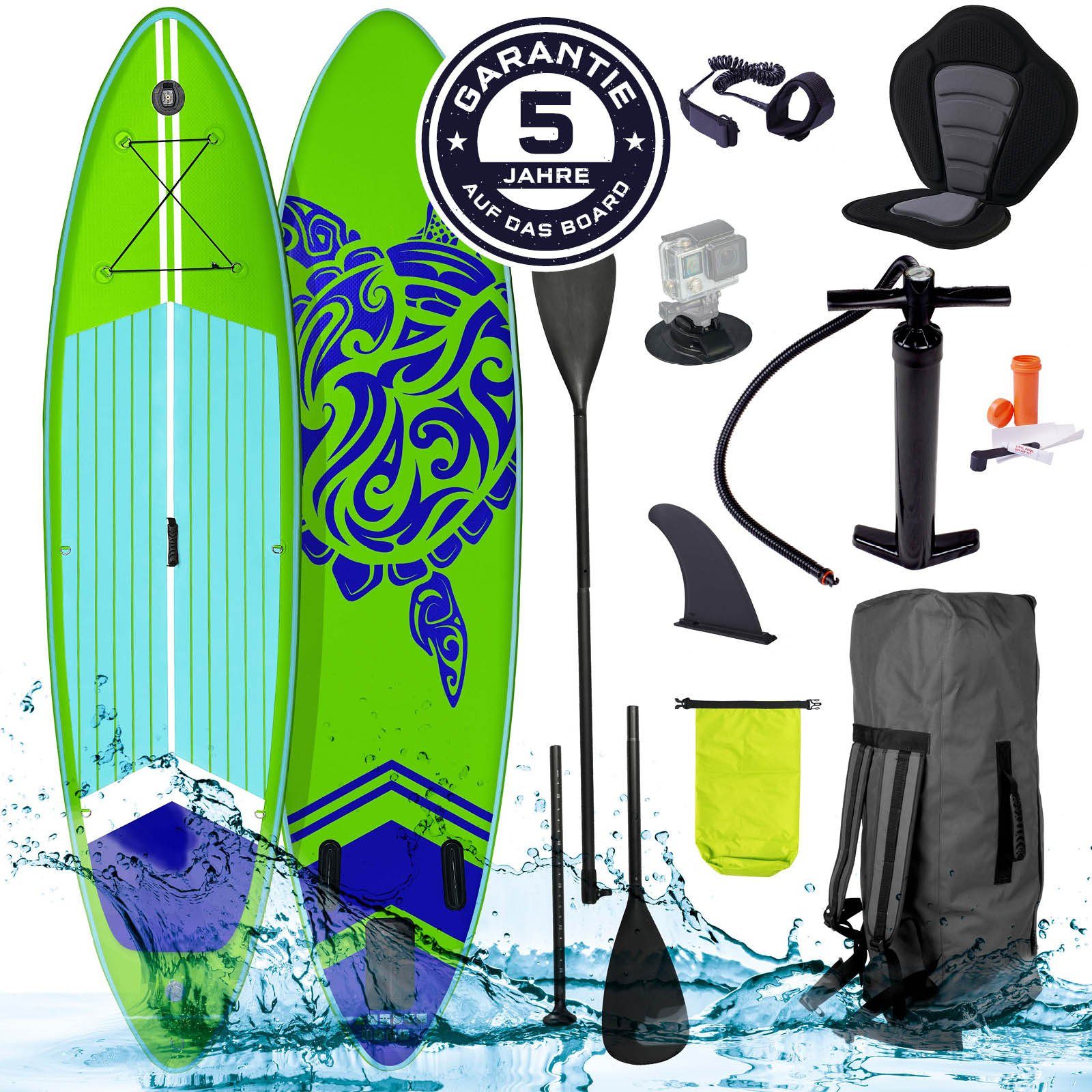 BRAST SUP-Board BRAST SUP Board SUPER Set Aufblasbares Stand up Paddle mit extra Zubehör 320x81x15cm Grün incl. Kajaksitz Kamerahalterung Paddel Fußschleife Rucksack Pumpe