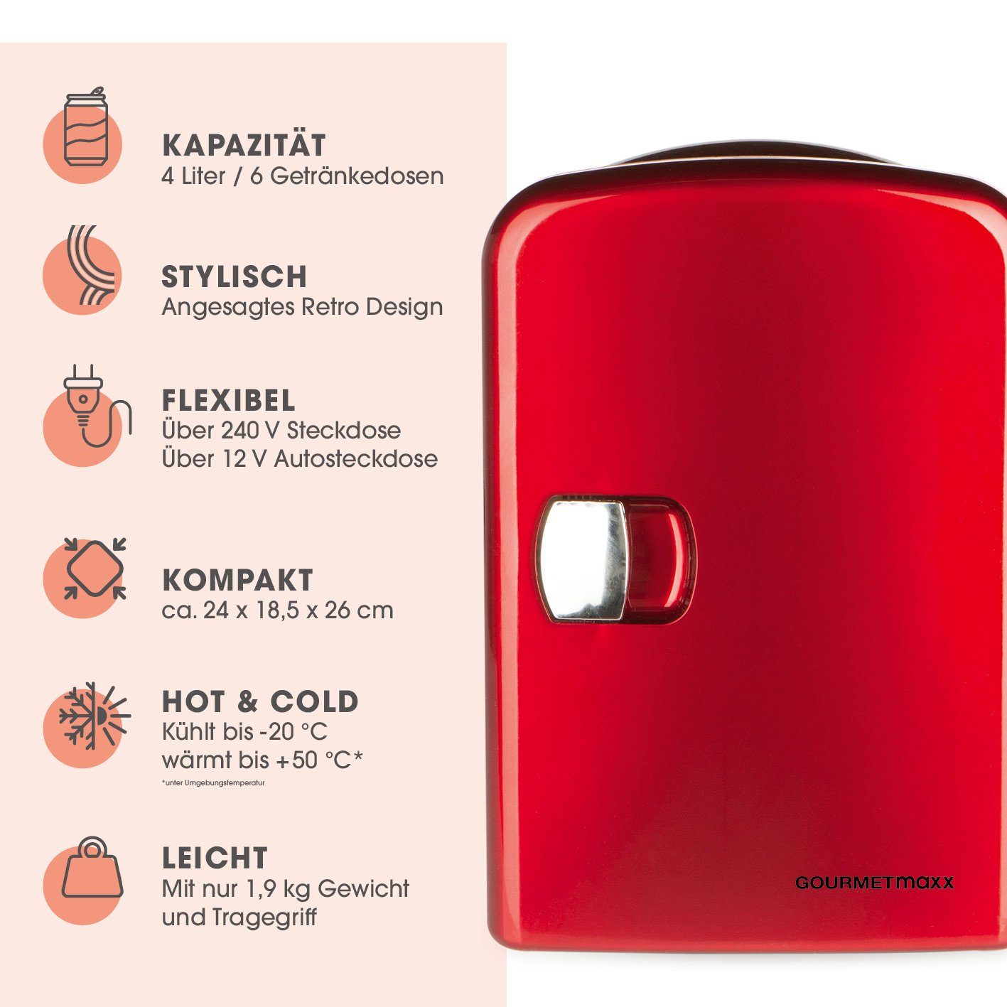 GOURMETmaxx Kühlbox Mini Kühl Schrank 45W Rot 12V Kfz Anschluss Auto, Retro Design, Camping, Festival, Dosengeeignet
