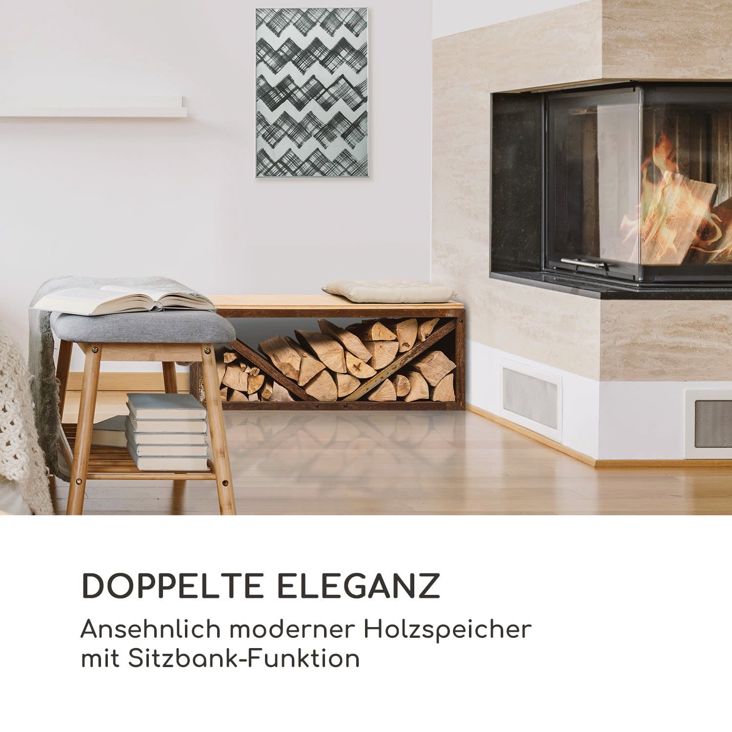 blumfeldt Feuerschale Kindlewood L Rust, (ansehnlich moderner Holzspeicher mit Sitzbank-Funktion)