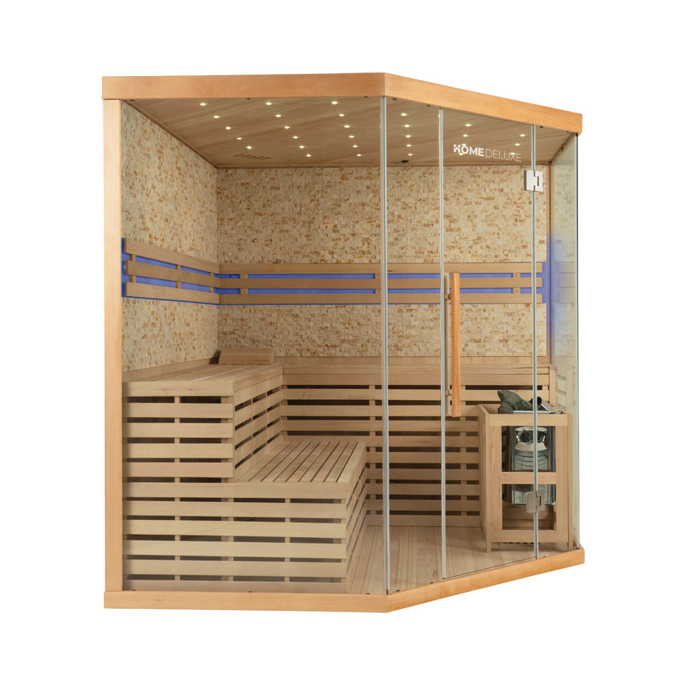 Home Deluxe Traditionelle Sauna SKYLINE XL BIG Kunststeinwand - 200 x 200 cm