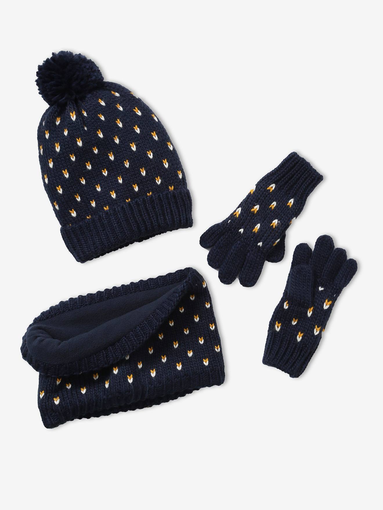 Vertbaudet Mädchen Set: Mütze, Loopschal & Handschuhe, Herzen BASIC - nachtblau bedruckt