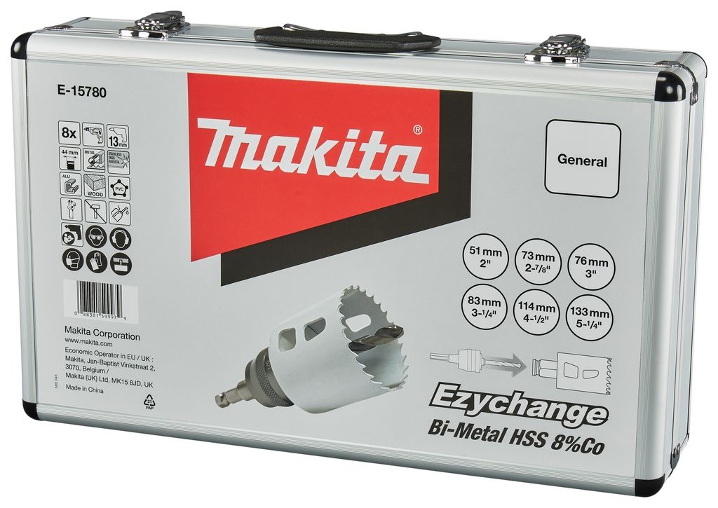 Conjunto de serras copo Makita E-15780 com 8 peças, tamanhos 51, 73, 76, 83, 114 e 133 mm, para madeira/metal, sistema Ezychange, em estojo.