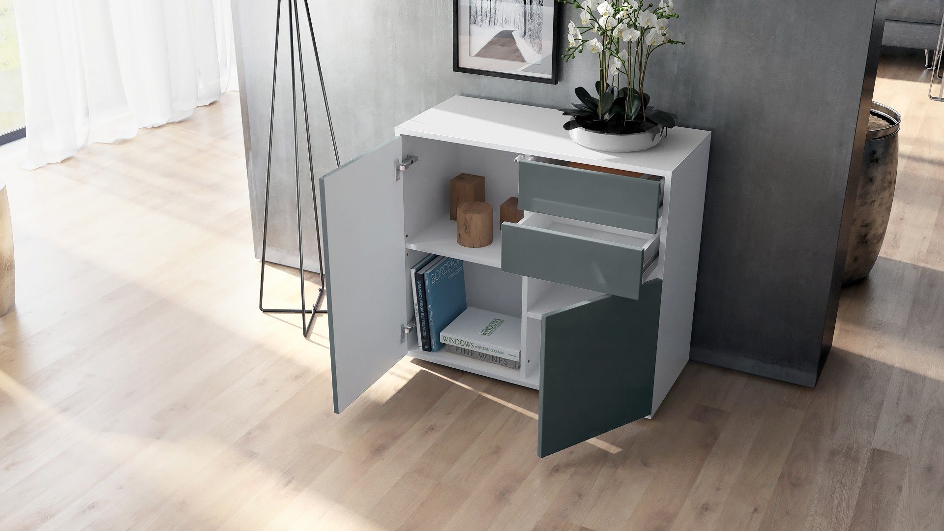 Vladon Kommode Ben (Kommode, mit 2 Türen und 2 Schubladen), Weiß matt/Weiß matt (79 x 74 x 36 cm)