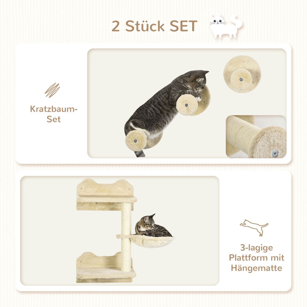 PawHut Katzen Kletterwand, 4-teilig, Kletterwand Set, Katzenkletterwand, Beige