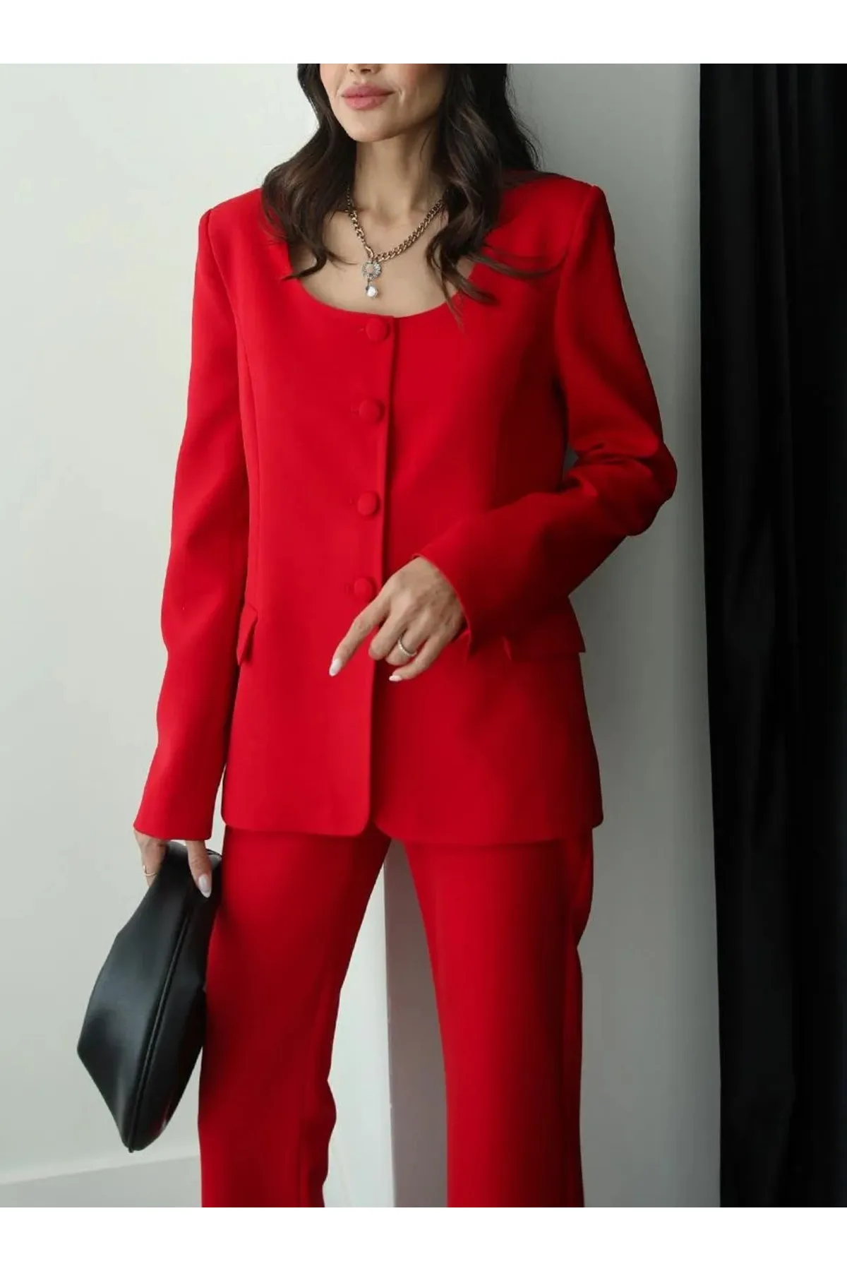 My Blog  Rotes Premium-Jacken-Hose-Set mit rundem Kragen