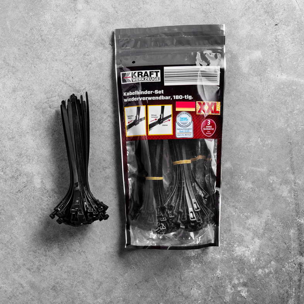 Kraft Werkzeuge Kabelbinder XXL-Pack, wiederverwendbar 180 tlg. - Schwarz