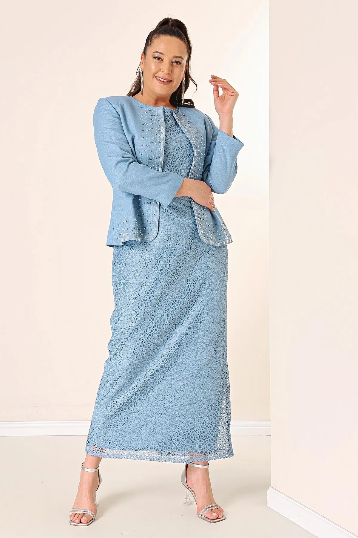 By Saygı  Ärmelloses Gülpür-Kleid, steinfarbene, detaillierte Kreppjacke, gefüttert, große Größe, 2-teiliges Set