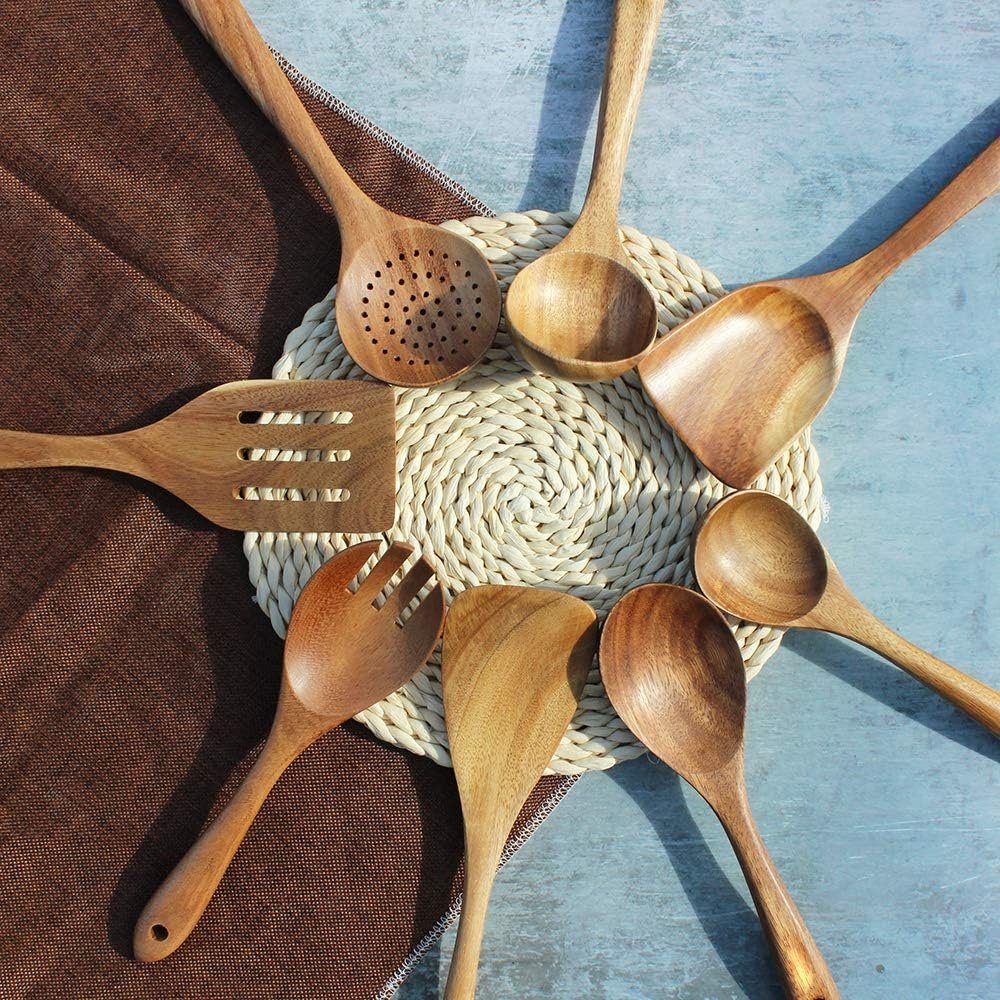 Fokelyi Kochbesteck-Set Holz Kochbesteck-Set,Kochlöffel Holz,Pfannenwender,8-Teiliges-Set