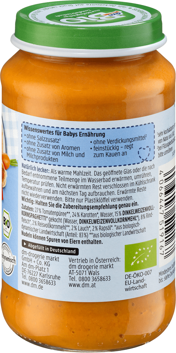 Menü Dinkel-Spaghetti Bolognese ab dem 8. Monat, Demeter, 220 g