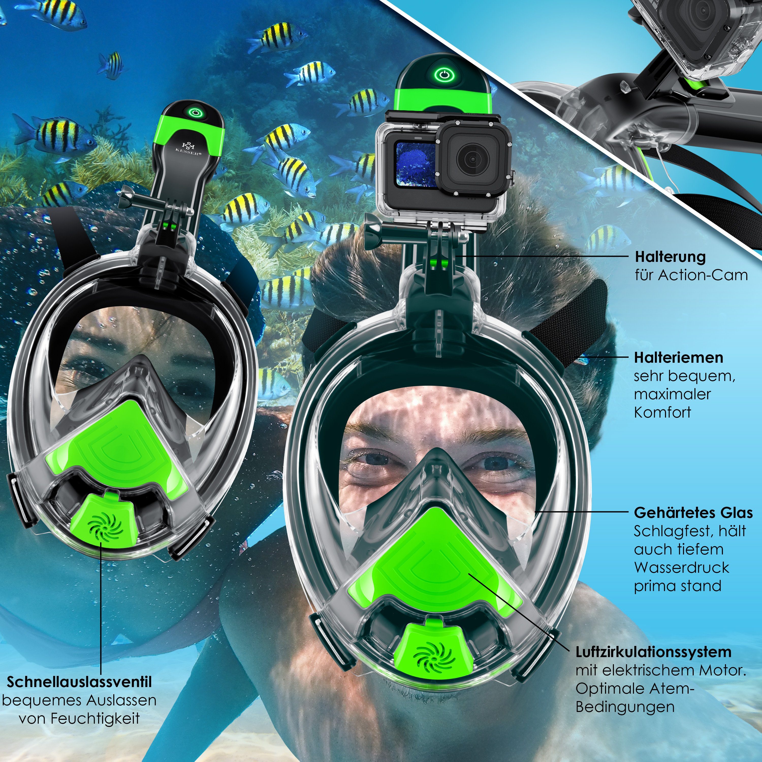 KESSER Tauchermaske, Tauchmaske Schnorchelmaske Mit Elektrischem Lüfter Vollmaske