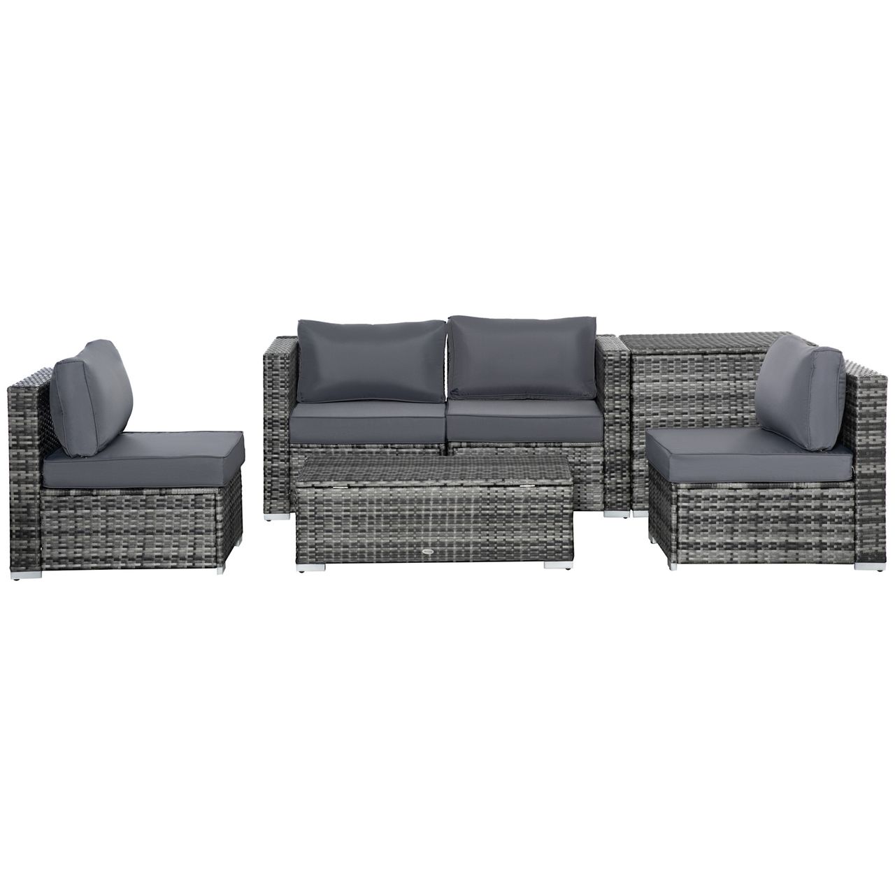Outsunny 6 tlg. Polyrattan Gartenmöbel Set Sitzgarnitur mit Kissen Sitzgruppe Gartenset Sofagarnitur Lounge Tisch mit Stauraum Stahl Luxus Grau