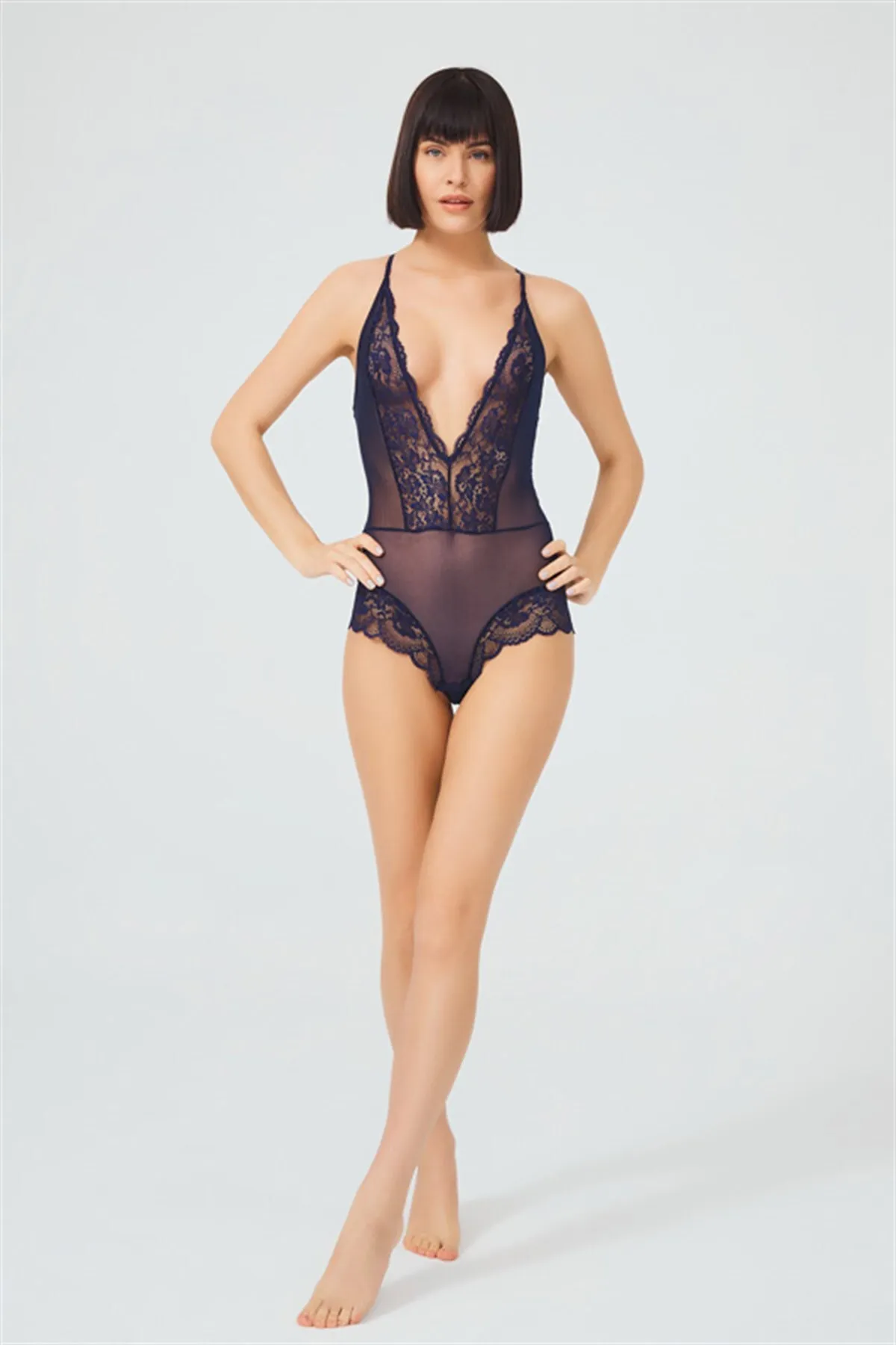 Cottonhill  Damen-Bodysuit in Marineblau mit Druckknopfverschluss und Spitze, transparenter Rücken, Kreuz-Kordelzug