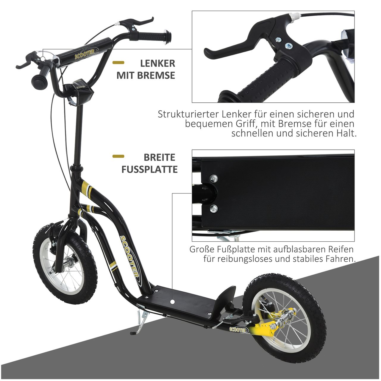 HOMCOM Kinderroller Scooter Tretroller Cityroller Kinder Roller Kickboard mit Luftreifen 12 Zoll Schwarz 120 x 58 x 85-95 cm