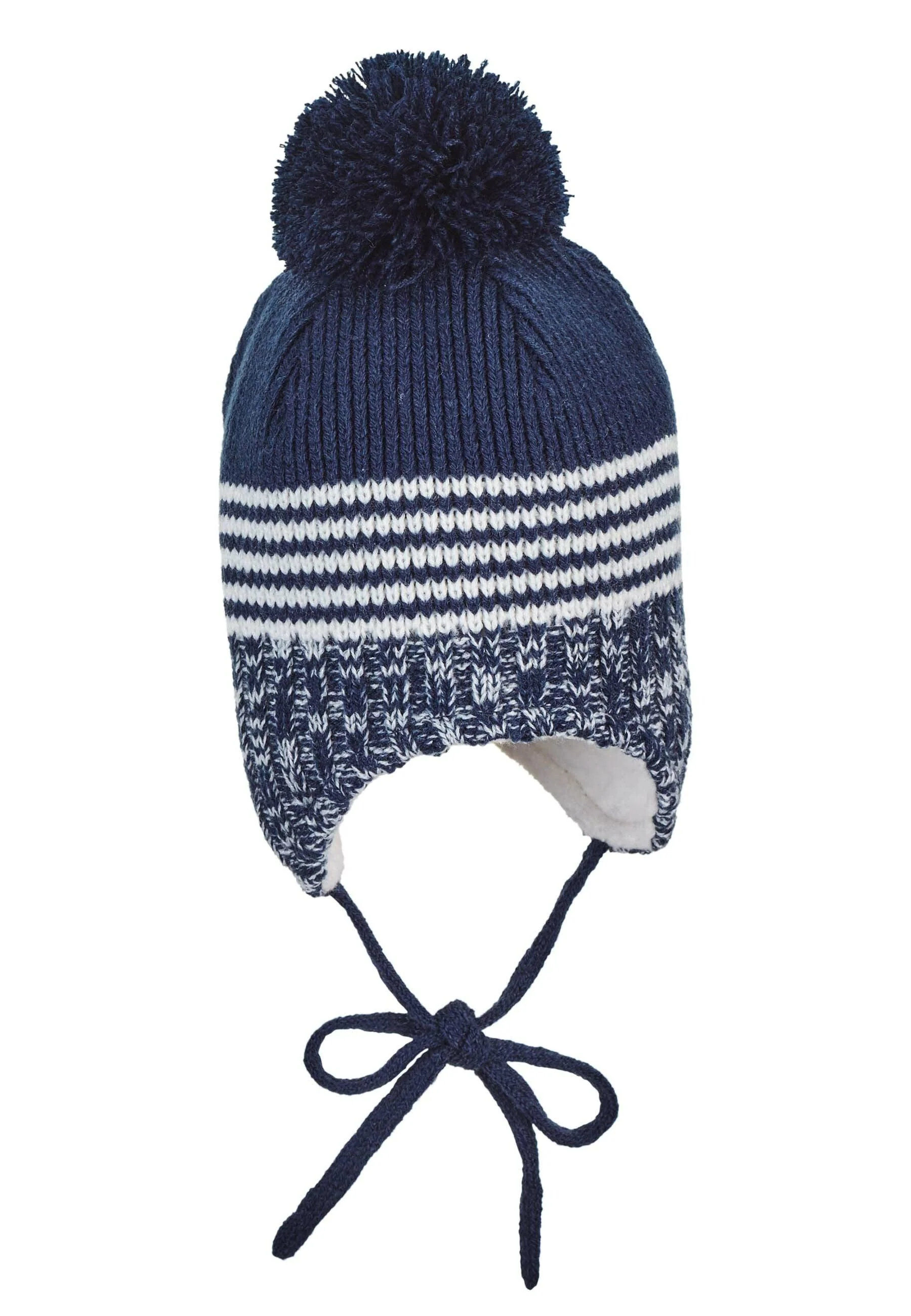 Strickmütze im Mustermix mit Bommel und Bindeband