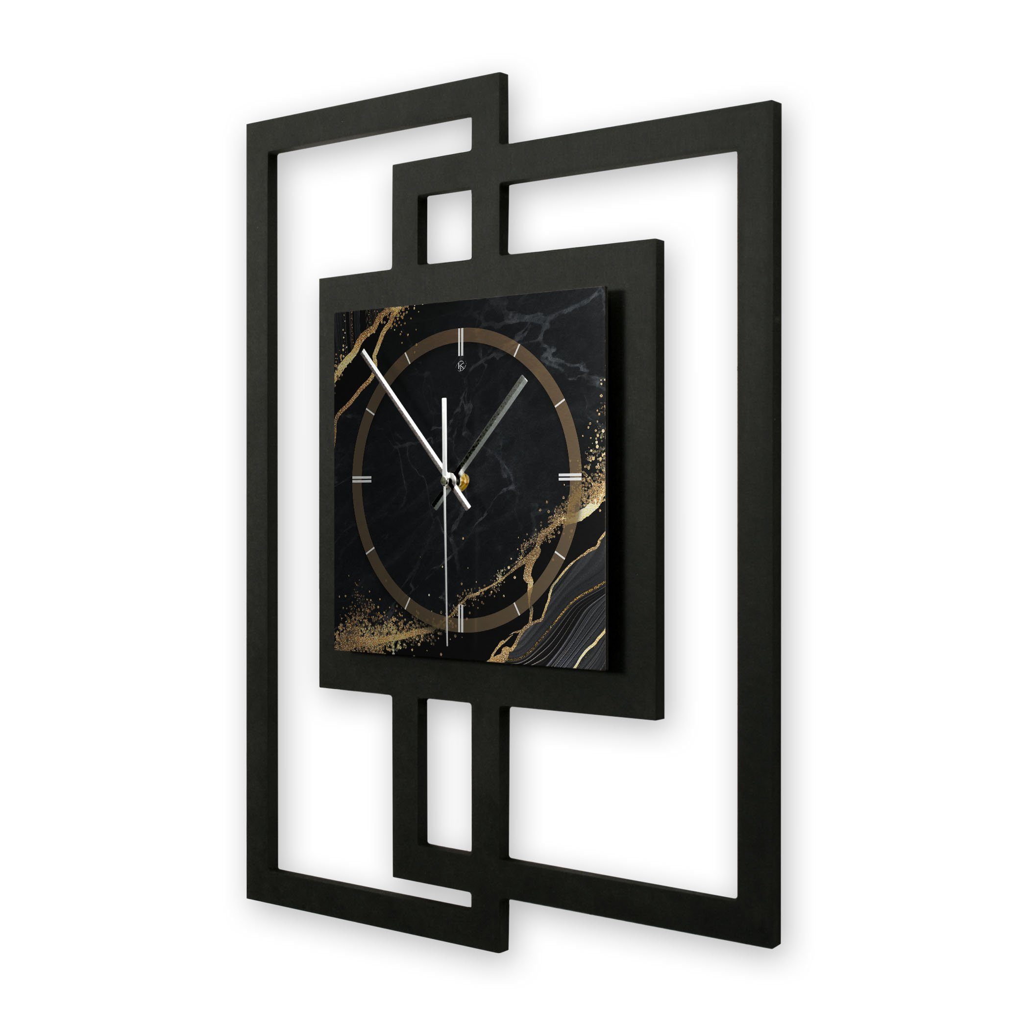 Kreative Feder Wanduhr Design-Wanduhr „Black & Gold Waves“ in modernem Metallic-Look (ohne Ticken; Funk- oder Quarzuhrwerk; elegant, außergewöhnlich, modern)