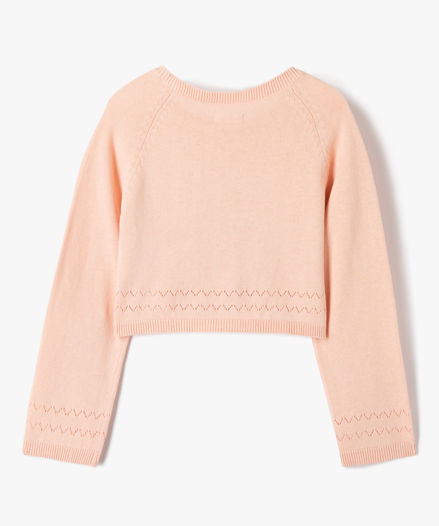 Gilet fille court en maille fine ajourée rose | GEMO