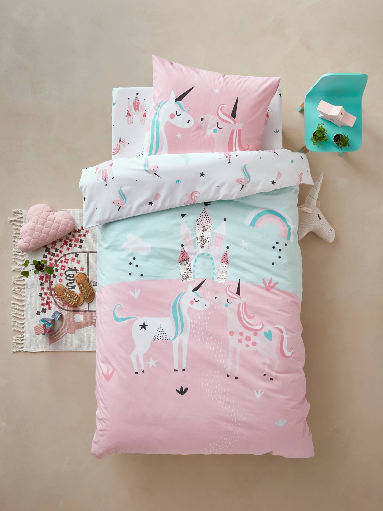 Drap-housse fille LICORNES MAGIQUES blanc imprimé