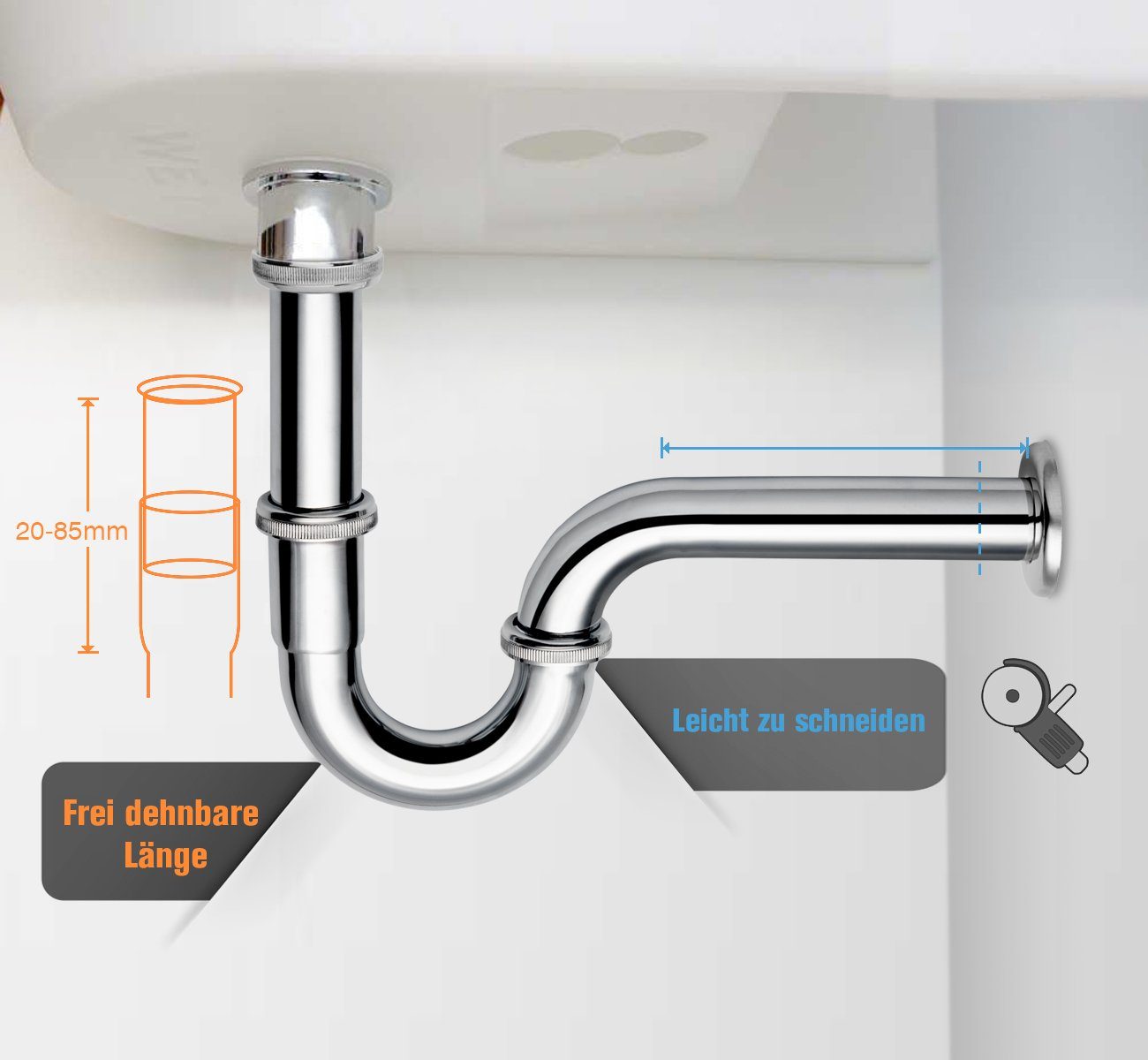 Homewit Siphon Universal Siphon für Waschbecken & Waschtisch, (Set, 1-tlg., Edelstahl Röhrensiphon), Verchromt, 1/4