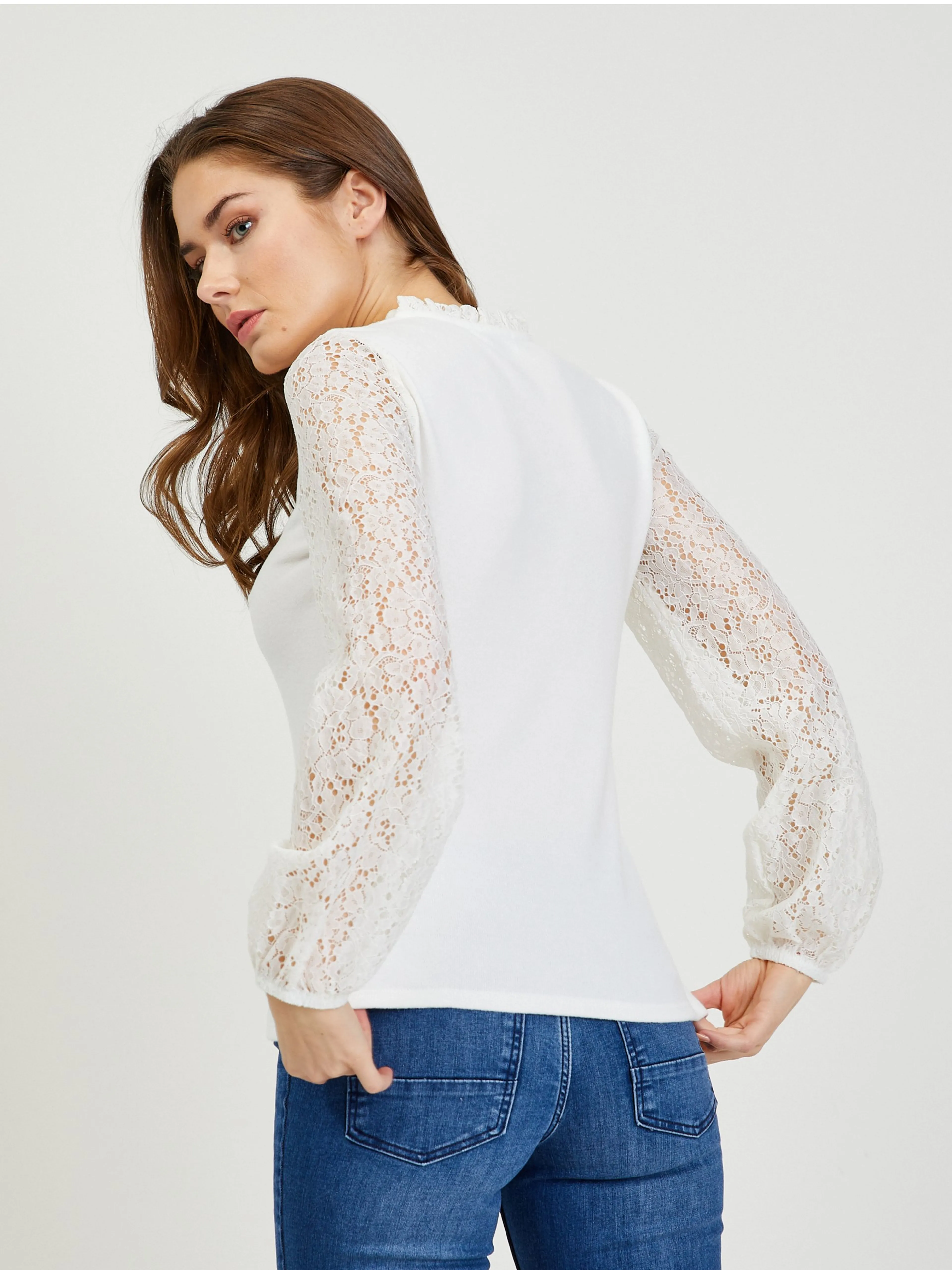 Cremefarbenes Damen T-Shirt mit Spitze ORSAY