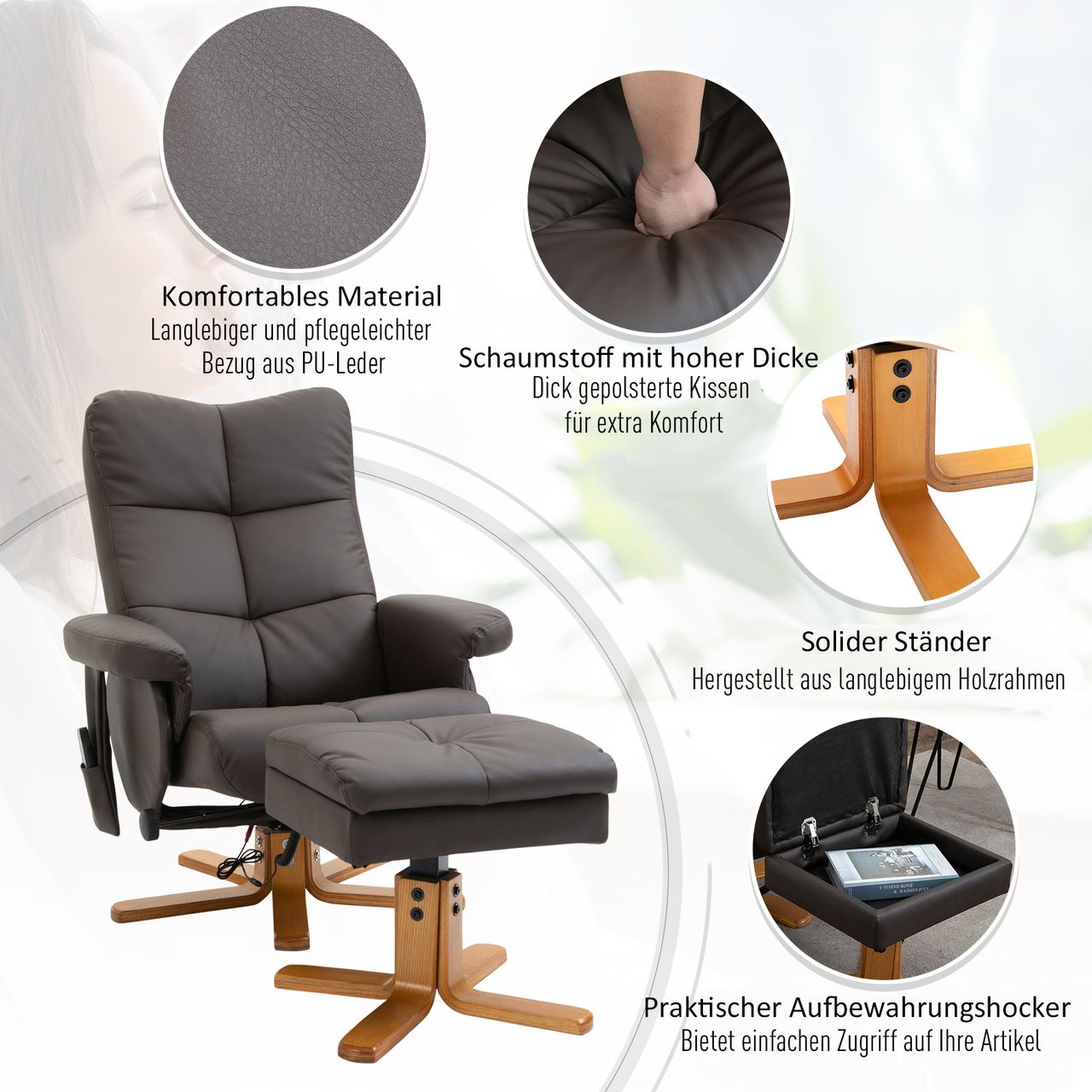 HOMCOM Relaxsessel mit Liegefunktion Massagesessel mit Fußhocker Braun