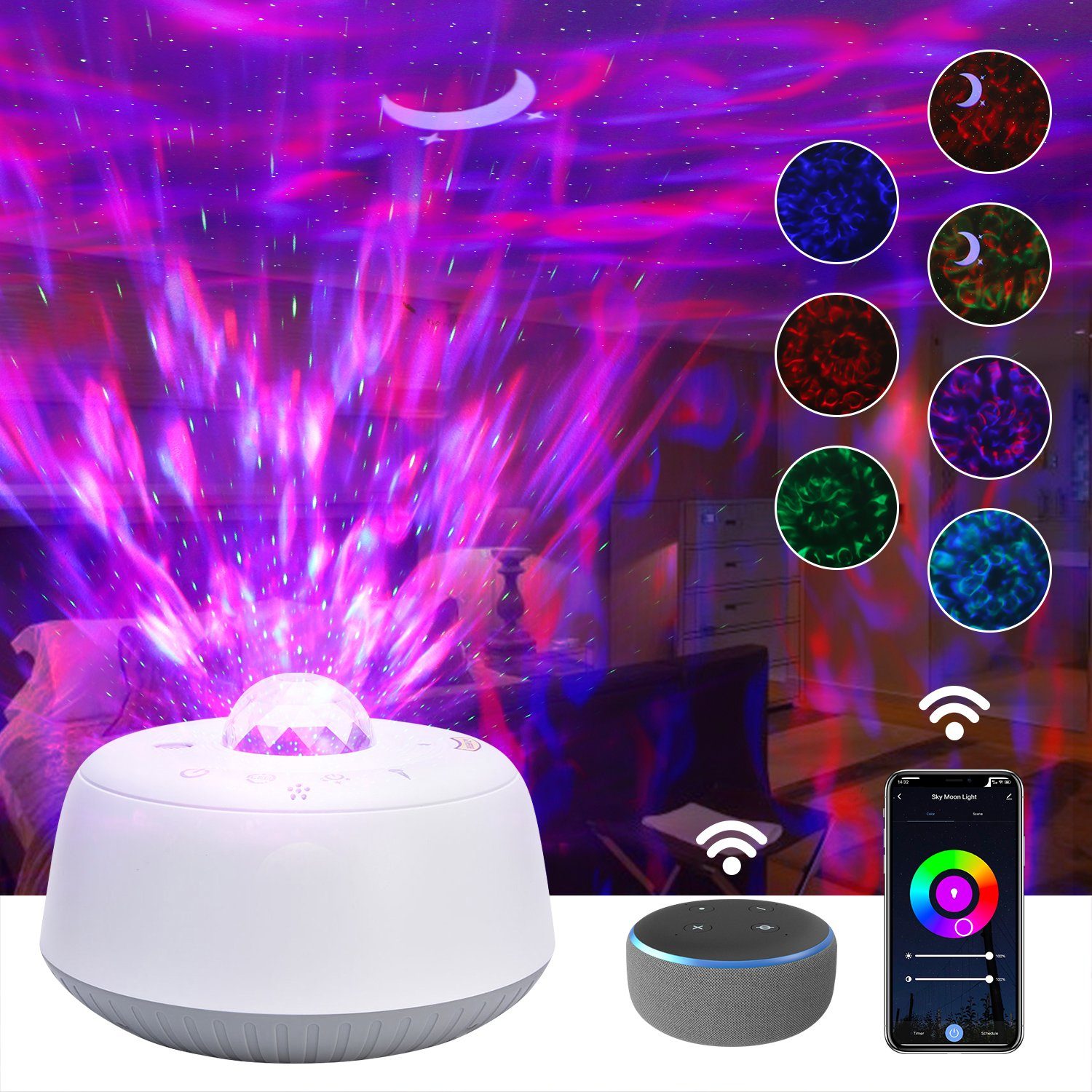 Rosnek LED Nachtlicht Sternenhimmel Projektor, Smart Wifi, Lautsprecher, APP, Starry Mond Stern, Mit Ozeanwelleneffekt