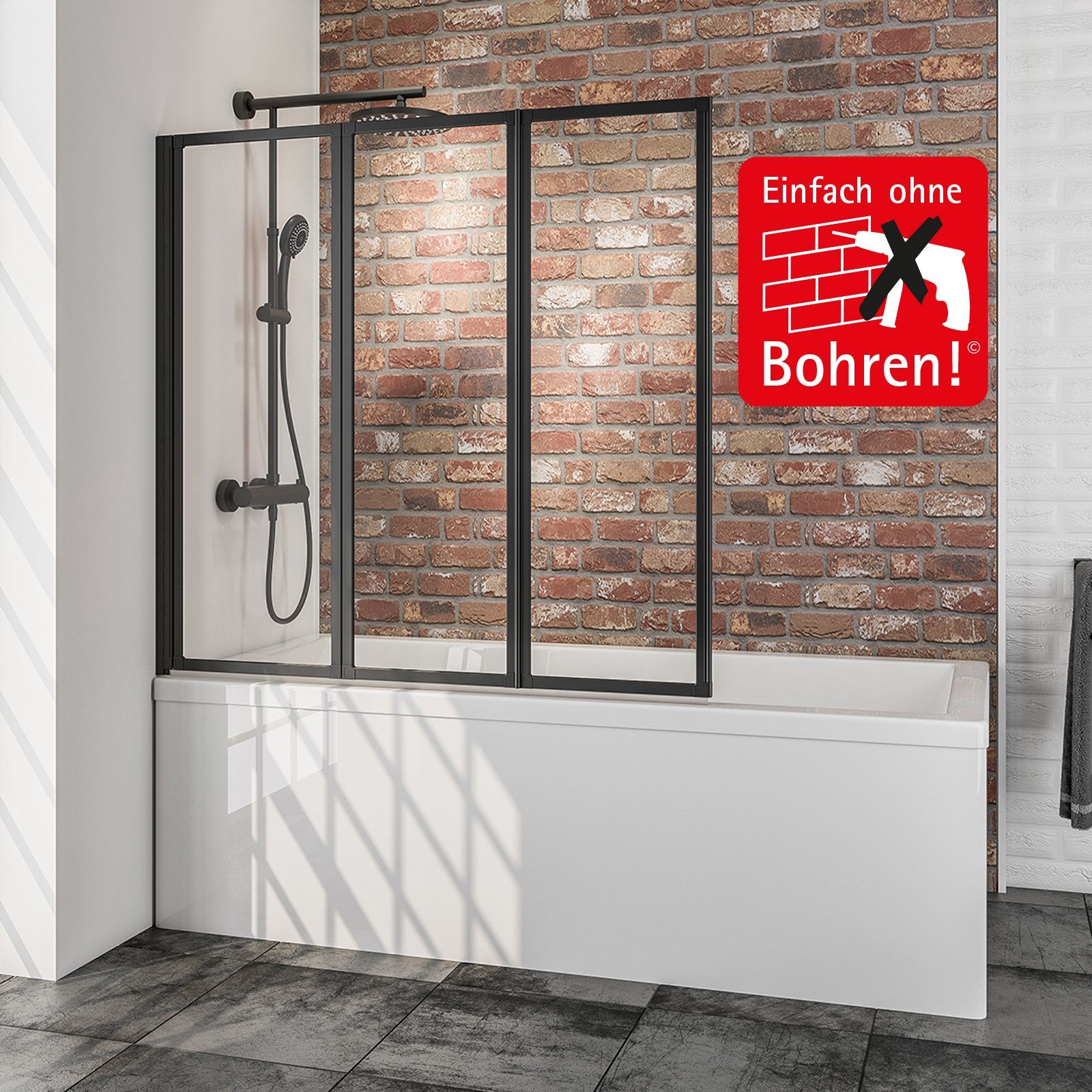Schulte Badewannenaufsatz Black Style BxH: 127 x 120 cm, 3 mm Sicherheitsglas, (3 tlg), zum Kleben - ohne Bohren in die Fliese, inkl. Klebe-Montage-Set
