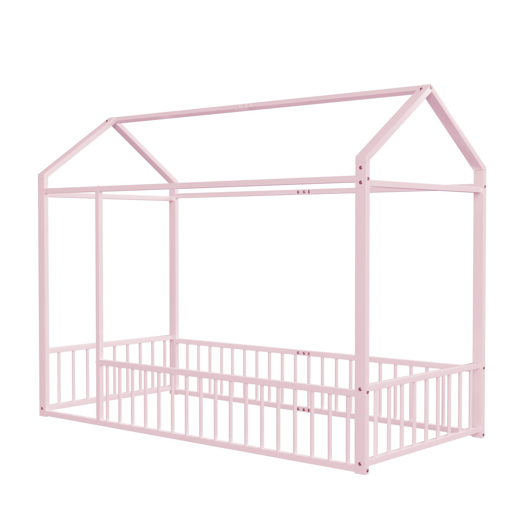 Celya Metallbett Kinderbett Hausbettrahmen mit Zaun für Kinder, Teenager, Mädchen, Jungen, 90 x 200cm, Rosa