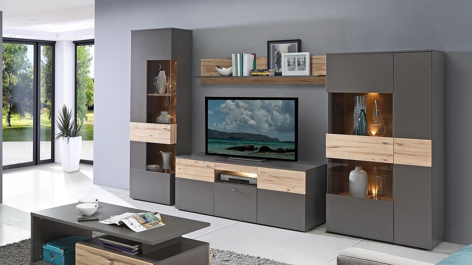 möbel-direkt.de Wohnwand Como, (Komplett Set, 4-St., Standvitrine + Wandboard + TV- Schrank + Highboard), Selbsteinzug, Dämpfungsbeschläge, Beleuchtung