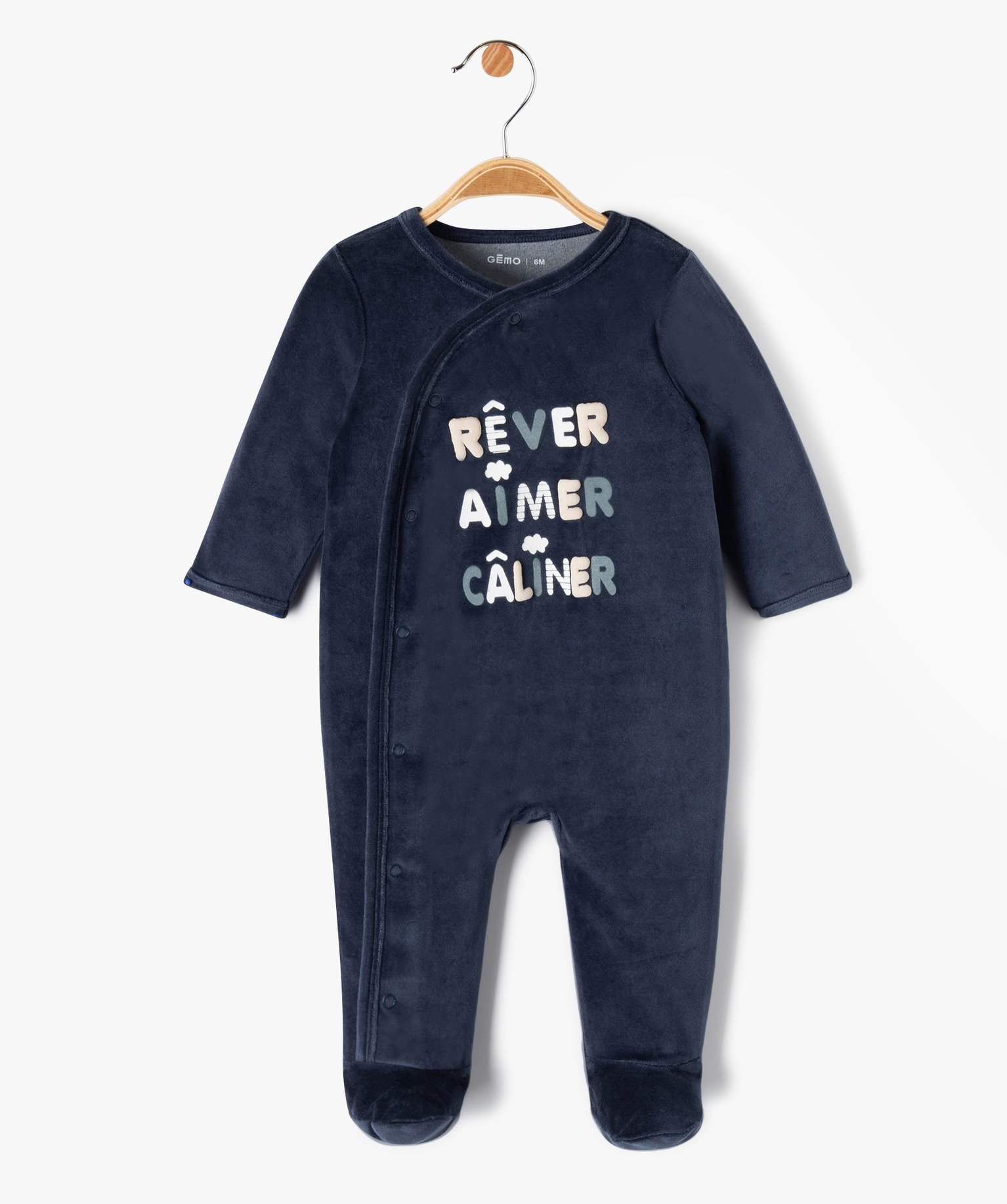 Pyjama bébé en velours imprimé à ouverture devant bleu | GEMO