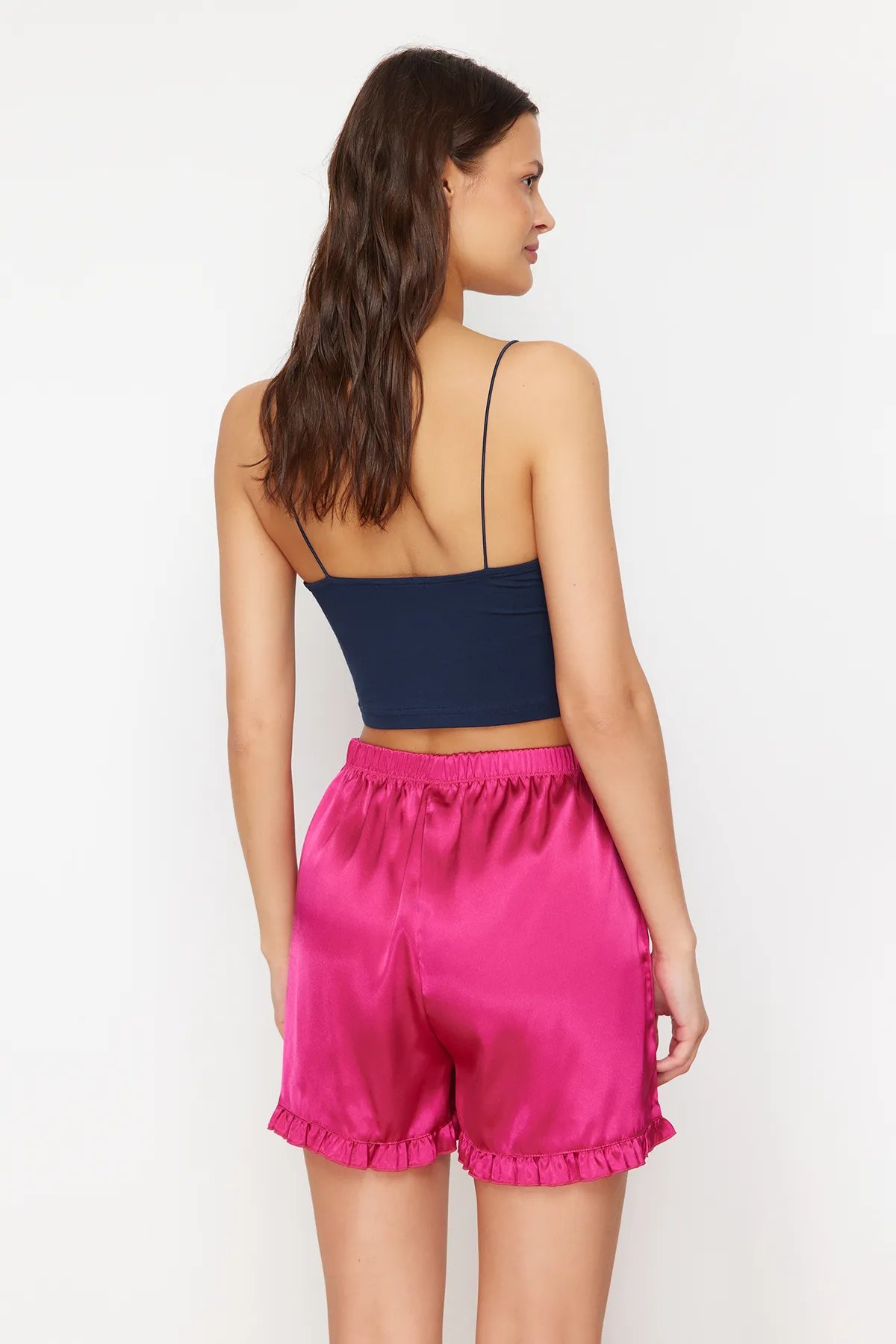 Trendyol Collection  2er-Pack Pyjamahosen aus Satin mit Rüschendetail in Marineblau und Rosa - THMSS24PJ00029
