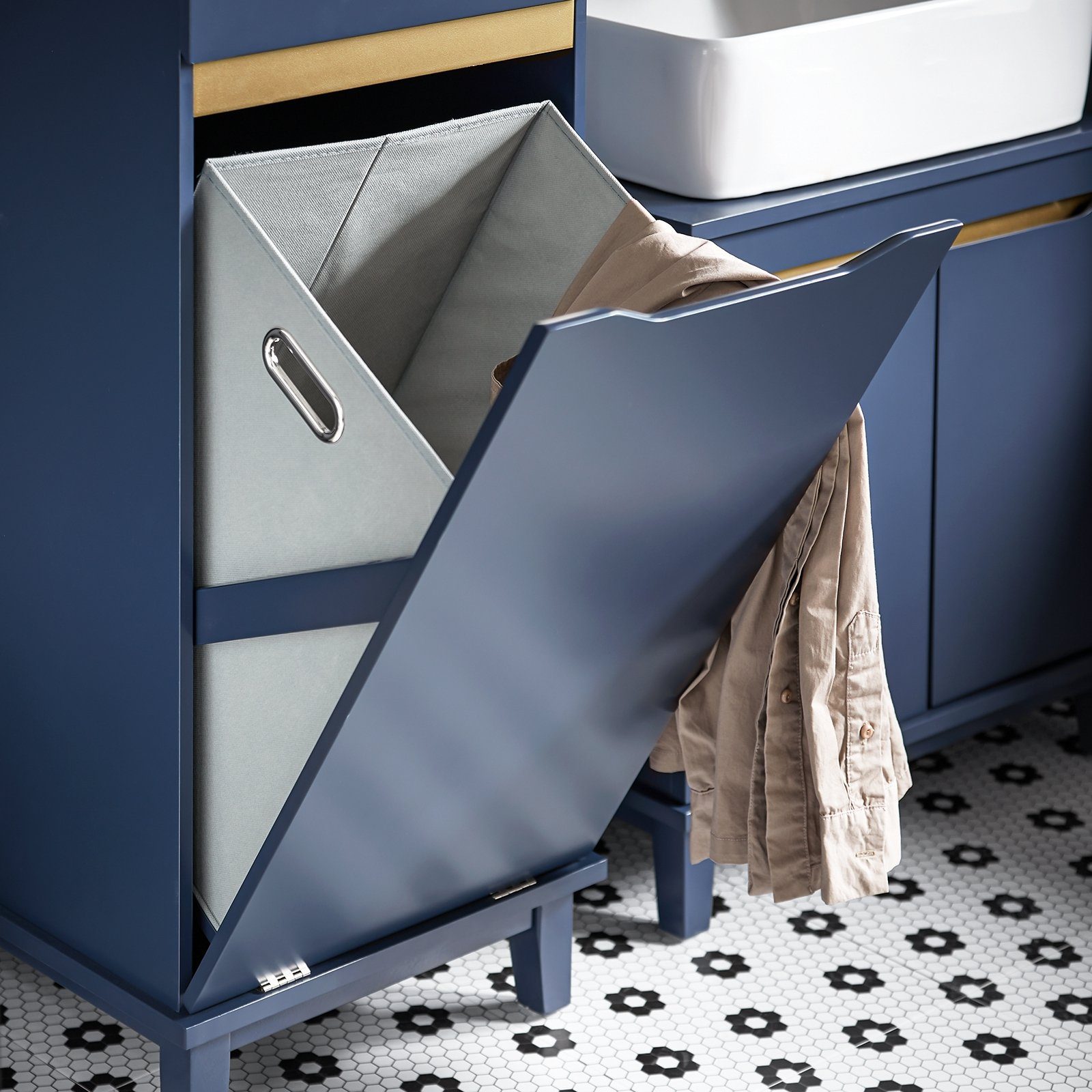 SoBuy Wäscheschrank BZR114 mit ausklappbarem Wäschesack Wäschesammler Wäschekorb Badschrank Blau