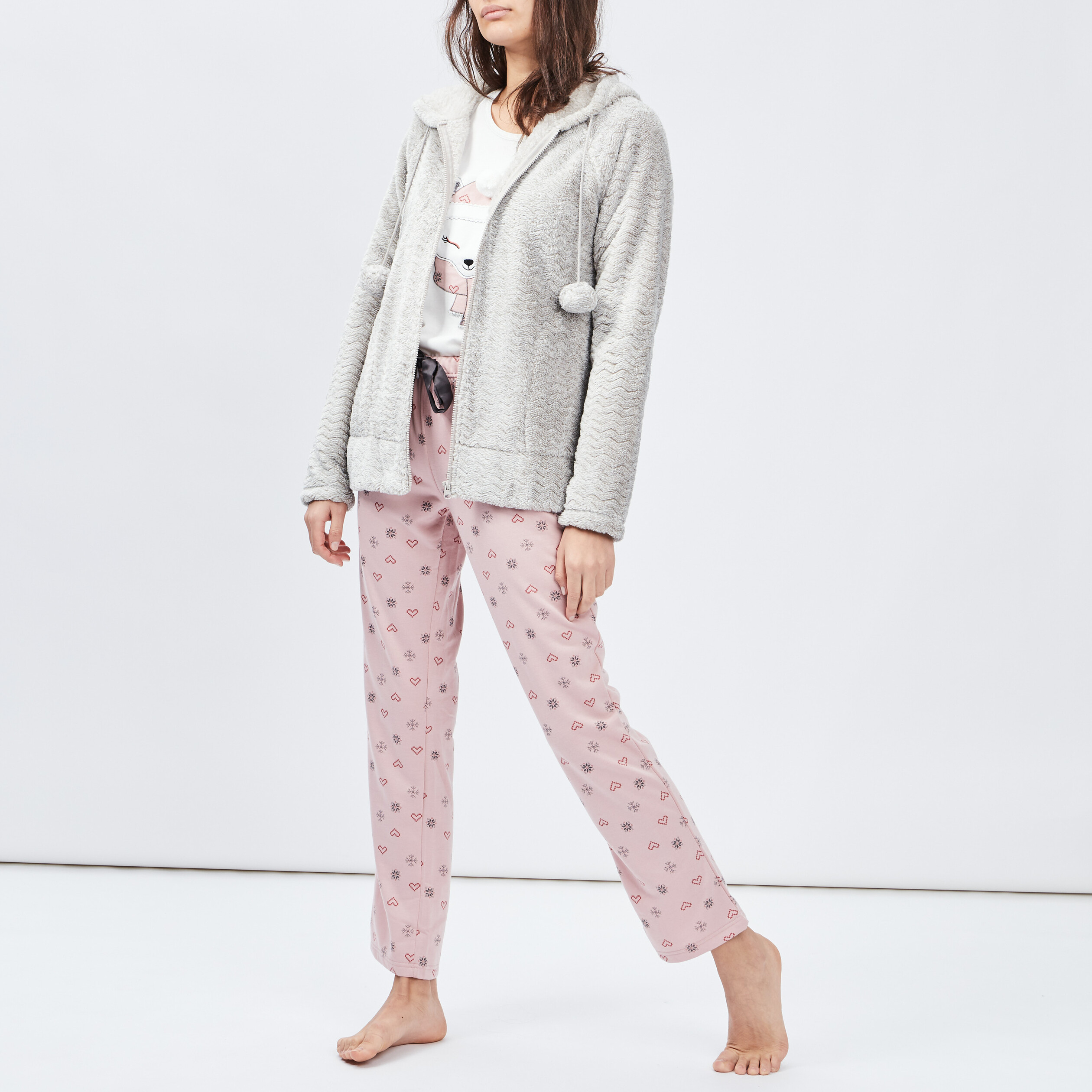 Veste de pyjama plaid à capuche gris femme | La Halle