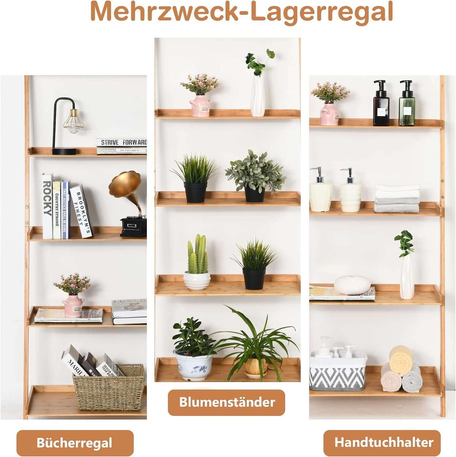 KOMFOTTEU Leiterregal Standregal, mit 5 Offenen Regalen, aus Bambus