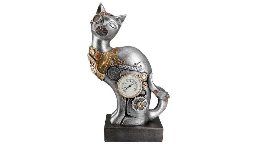 GILDE Poly Skulptur Steampunk Cat H=30cm silber