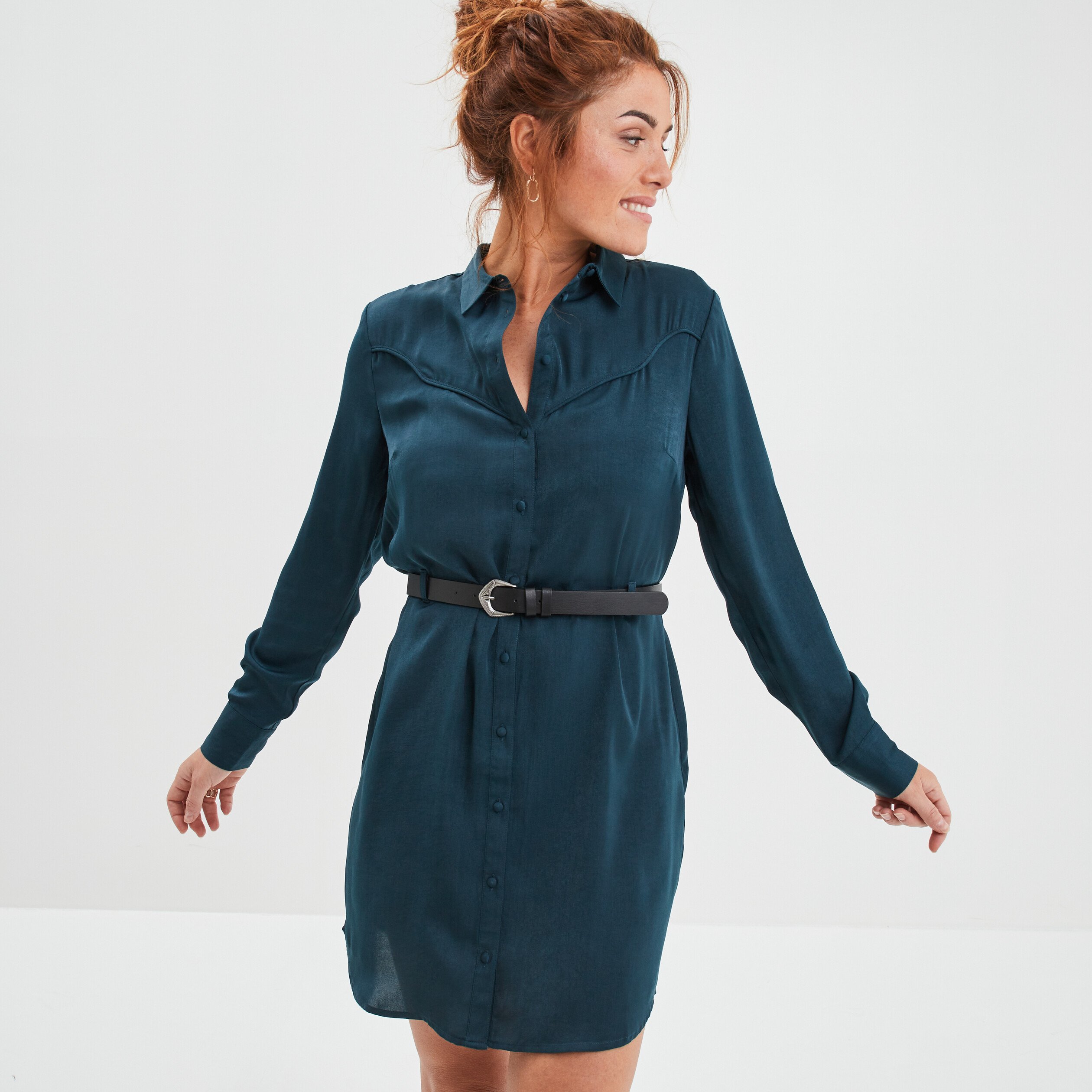Robe chemise évasée ceinturée Liberto bleu canard femme | La Halle