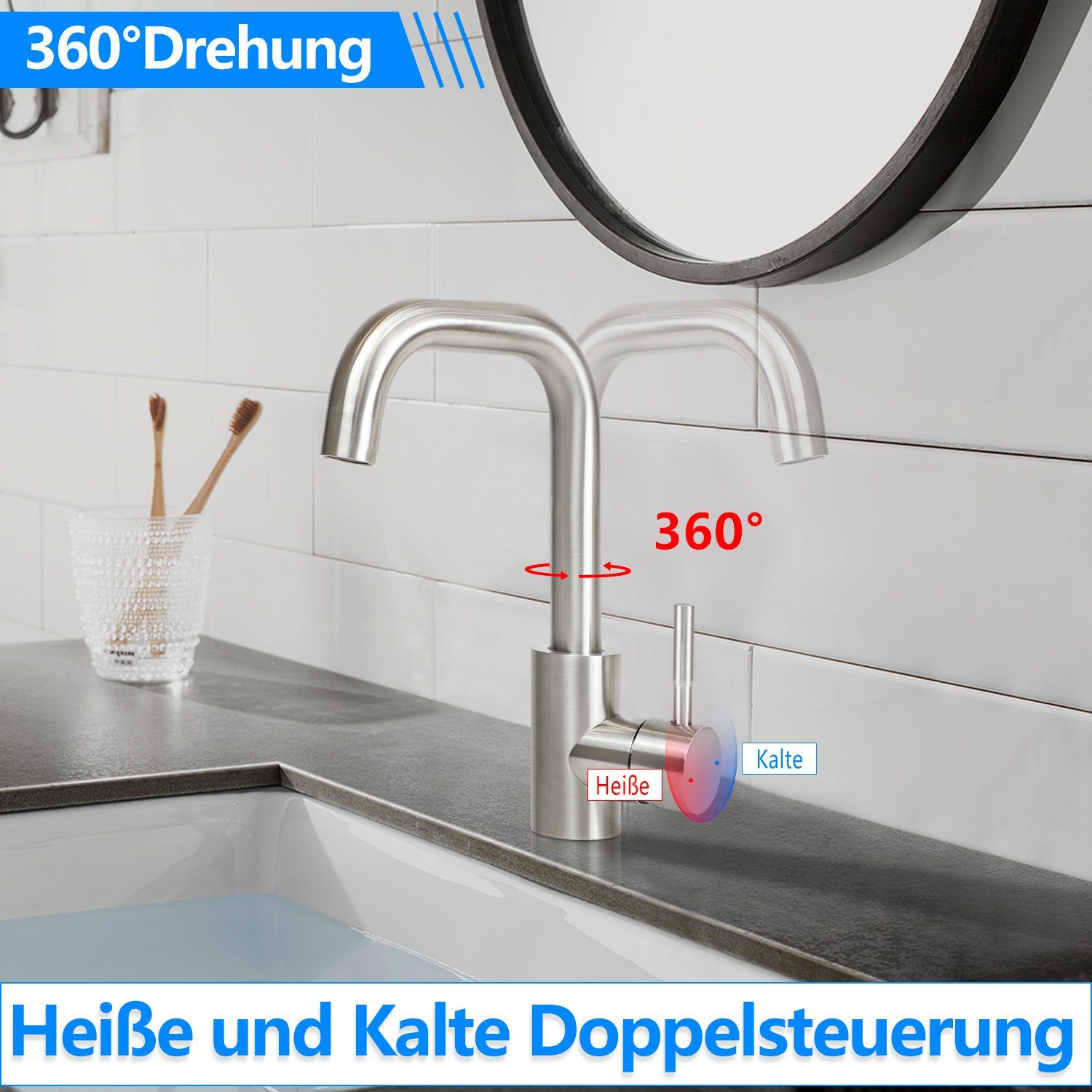 ZMH Waschtischarmatur Wasserhahn Bad Ausziehbar brause Mischbatterie Nickel