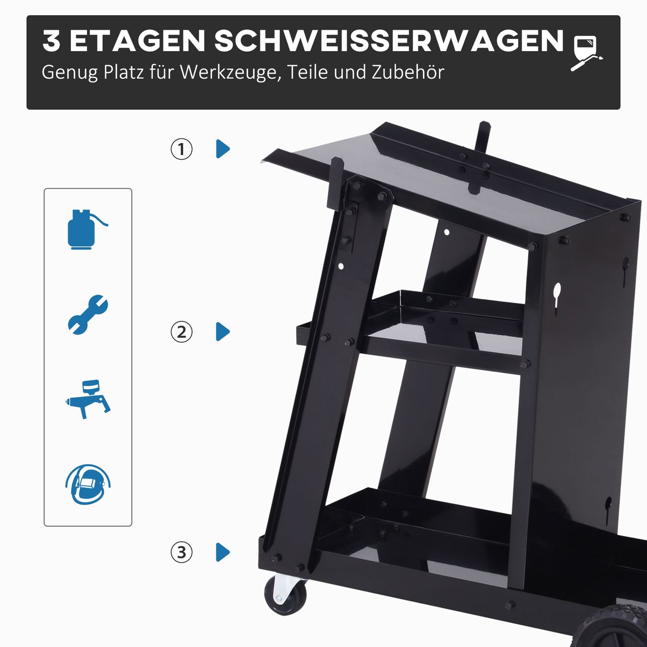 DURHAND Schweißwagen, Gasflaschenwagen, mit Sicherheitskette, 3 Regale, schwarz